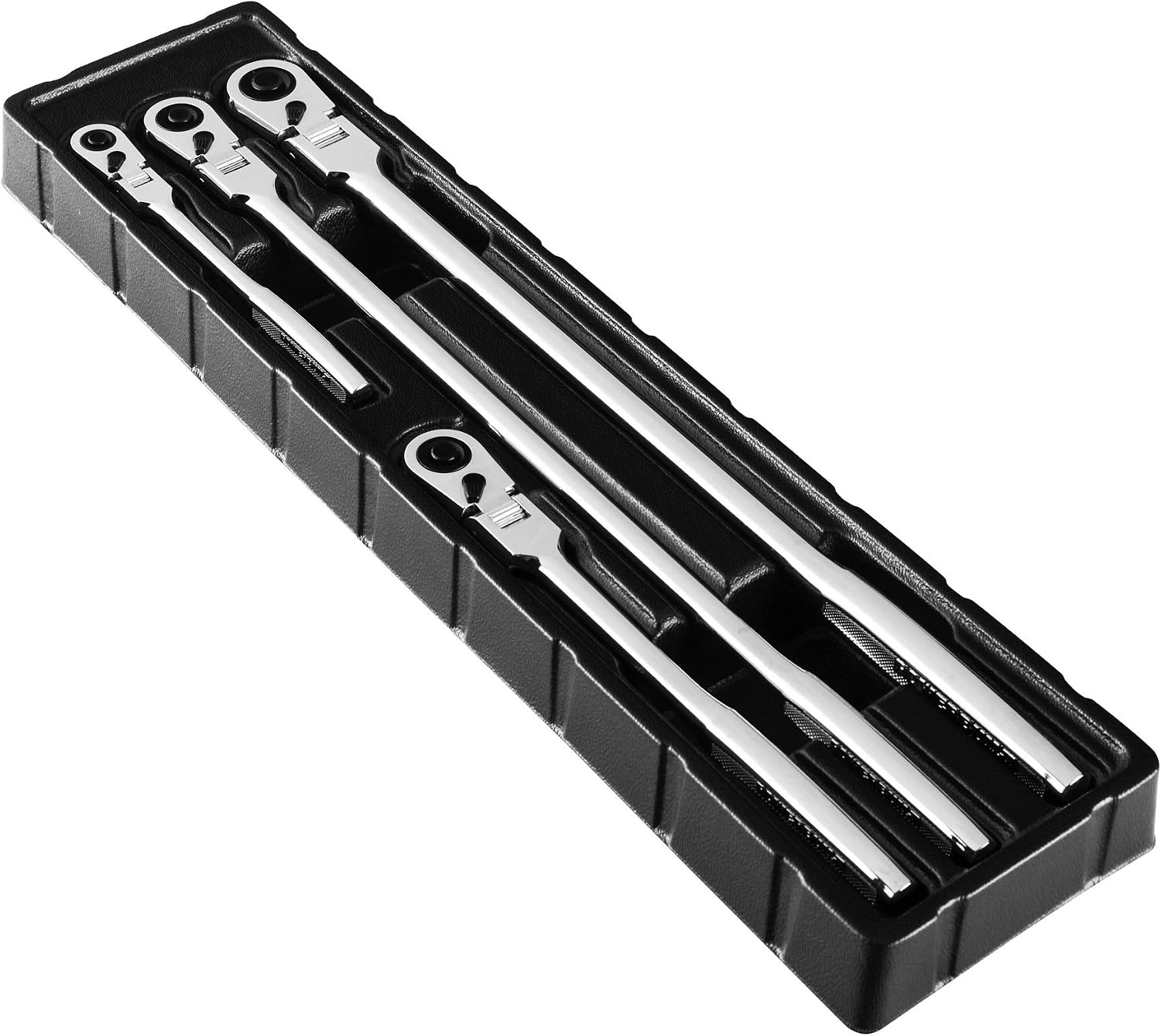 Powerbuilt 4 Piece Pro Tech Long Reach Flex Head Ratchet Set, 72-Tooth, 180° Flex Head, Contoured Grip Handles, 1/4' Dr. x 7', 3/8' Dr. x 9' & 17', 1/2' Dr. x 17' - 240238