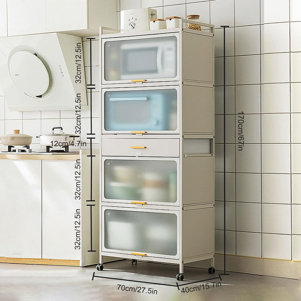 5 Tier Kitchen Bakers Rack with Flip Door Microwave Stand Drawer and Casters White 70×170cm Ideal for Home Office Storage & nization