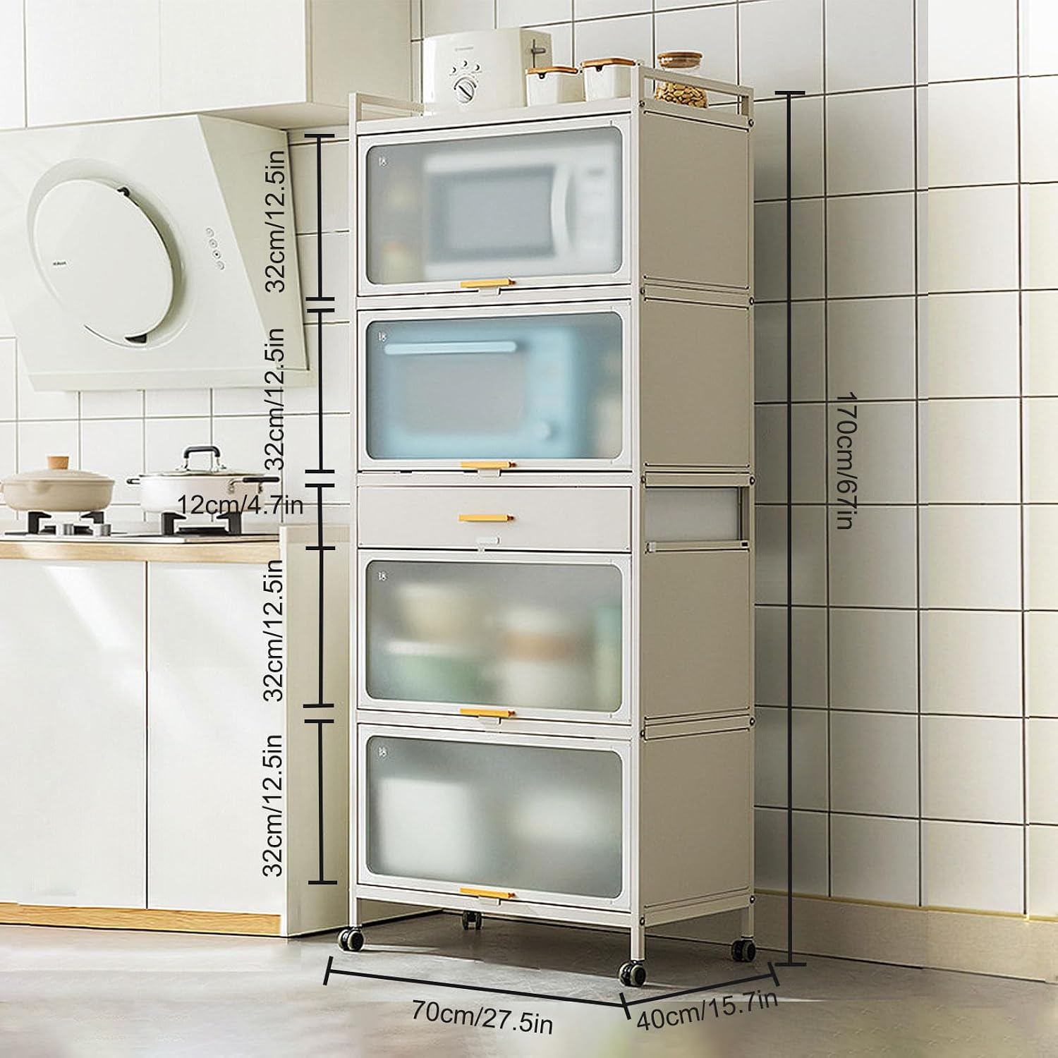 5 Tier Kitchen Bakers Rack with Microwave Stand Drawer and Lockable Casters Black 70×170cm