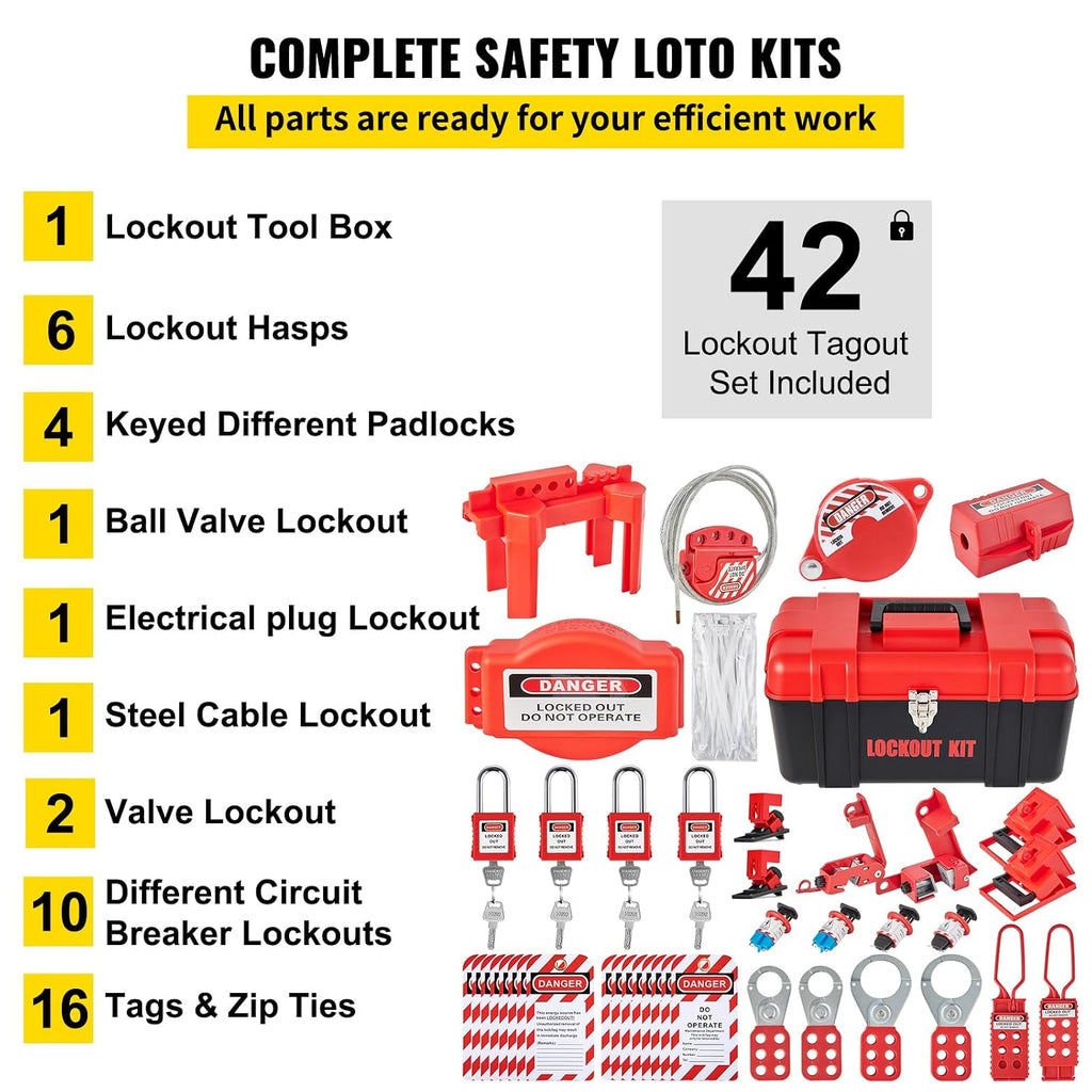 Happybuy 42 PCS Lockout Tagout Kits, Electrical Safety Loto Kit Includes Padlocks, 5 Kinds of Lockouts, Hasps, Box, Lockout Safety Tools for Electrical Risk Removal in Industrial, Machinery