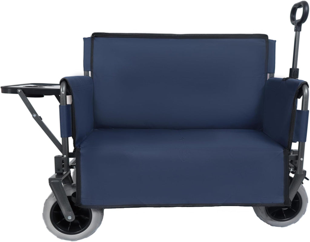 3-in-1 Heavy-Duty Folding Wagon with Bench Seat & Rear Folding Tabletop – 500lbs Capacity, All-Terrain 9' Beach Tires for Camping, Picnics, and Outdoor Events (Dark Blue)