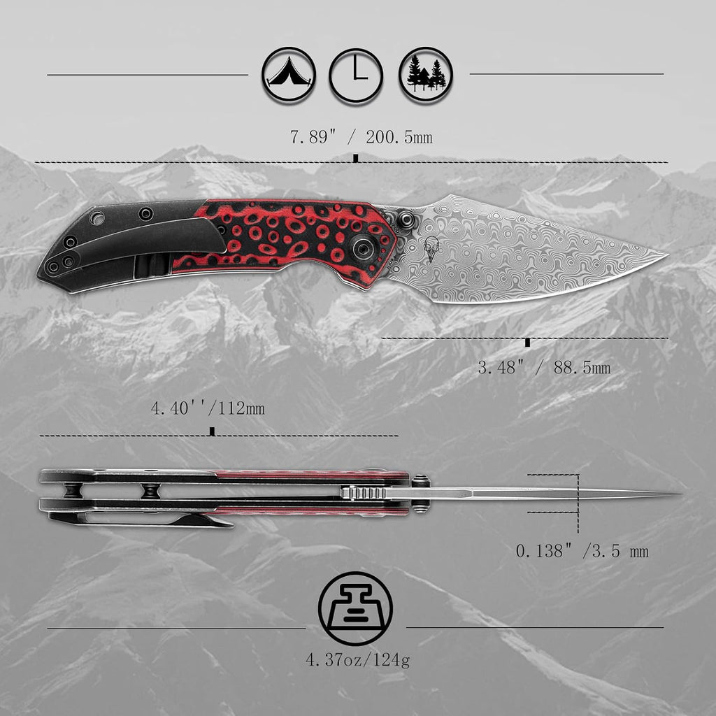KANSEPT Fenrir Pocket Knife, 3.48' Damascus Harpoon Blade, Titanium Handle Black-Red Meteorite Crater G10 Inlay, Thumb Stud & Liner Lock with Deep Clip EDC Knives for Camping Hunting Survival K1034A2