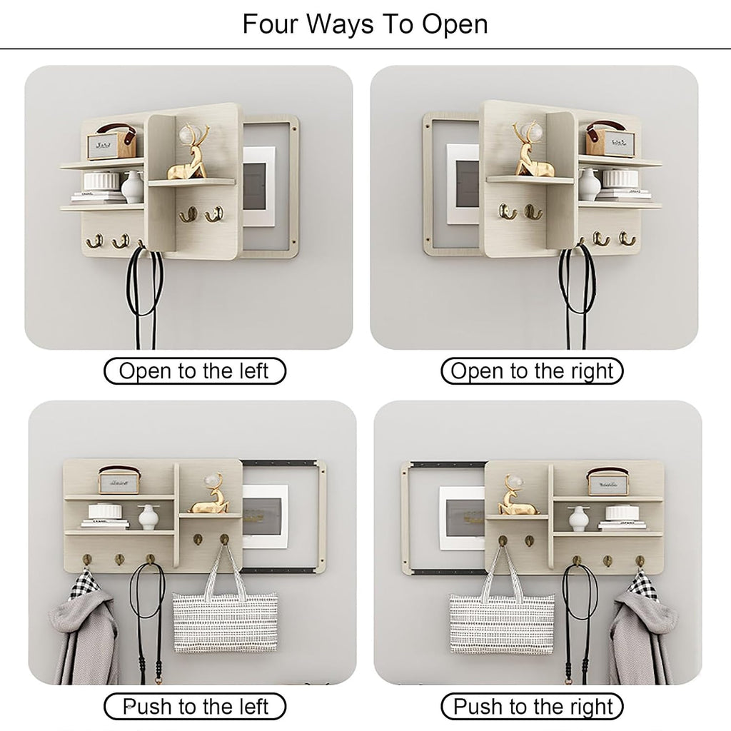 Electric Meter Box Cover Decorative with Shelves & Hooks, Hidden Circuit Breaker Panel, Wooden Decor Cover for Living Room Bedroom Office(White 1,60 * 50cm/23.6 * 19.7in)