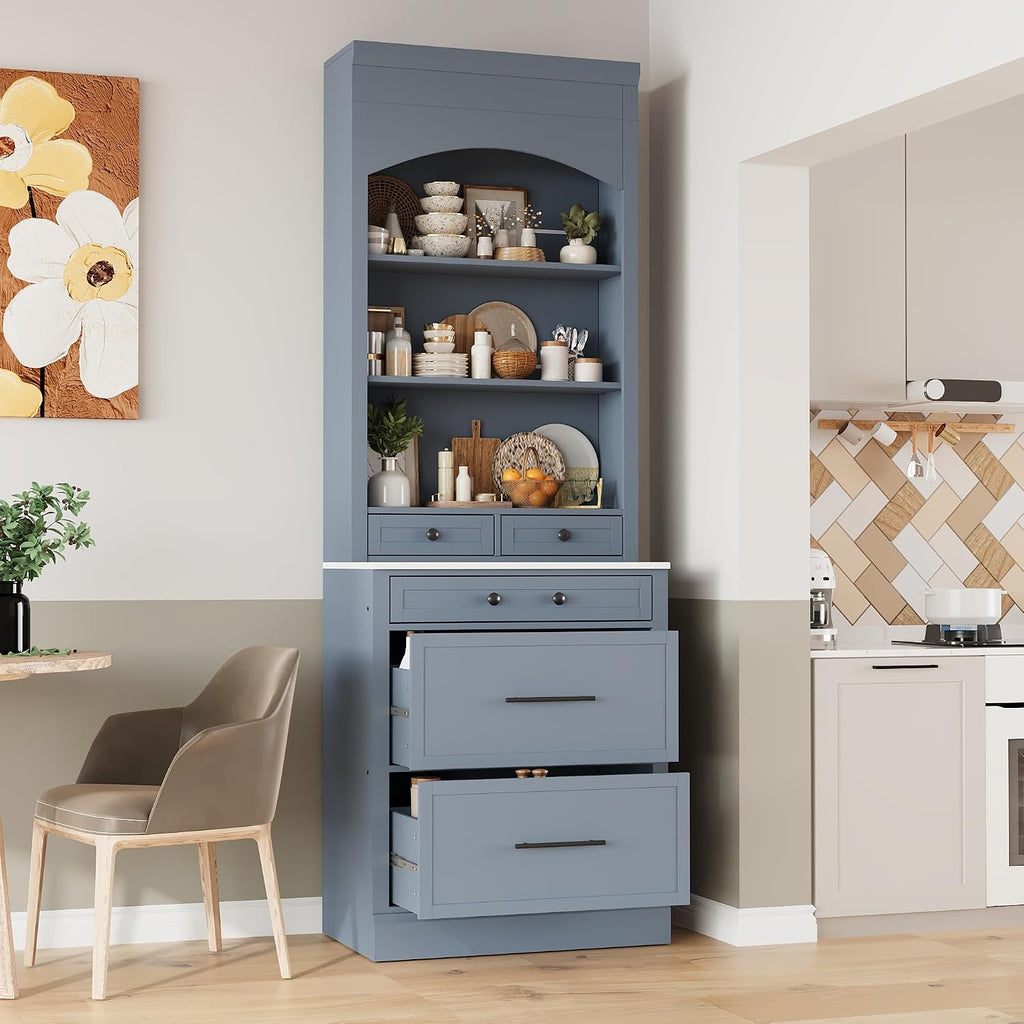 84' Modern Design Freestanding Storage Cabinet, Kitchen Storage Bakers Rack with Sturdy P2 MDF Frame, Utility Food Cupboard with 5 Storage Drawers for Kitchen/Dining Room/Living Space, Gray