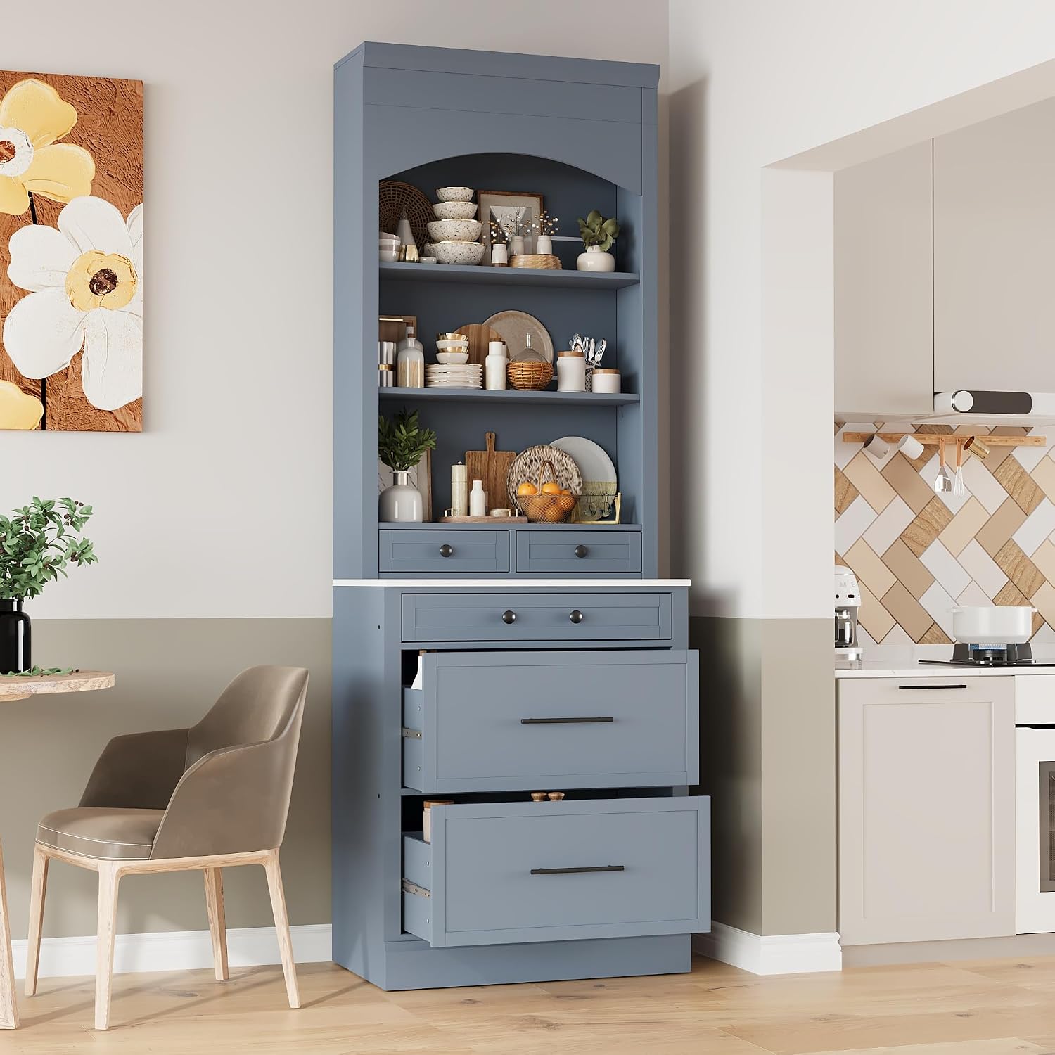 84' Faux Marble-Top Freestanding Storage Cabinet, Kitchen Storage Bakers Rack with 5 Drawers, Utility Food Cupboard with Adjustable Shelf for Kitchen/Dining Room/Living Space, Gray