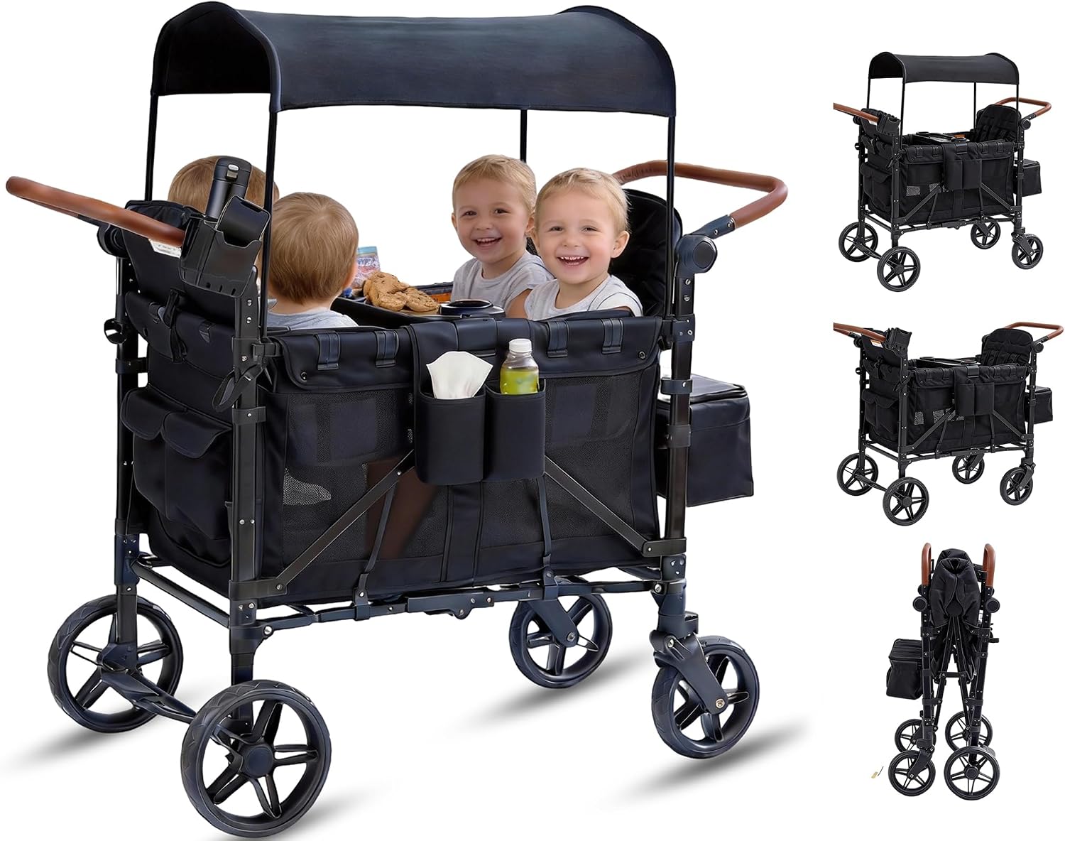 Stroller Wagon for 4 Kids, 4 Seater Wagon Stroller with Snack Tray, Large Storage Bag, Phone Cup Holder, Removable Canopy, Foldable Wagon Stroller 4 Seater with Adjustable Push Handles (Deep Black)