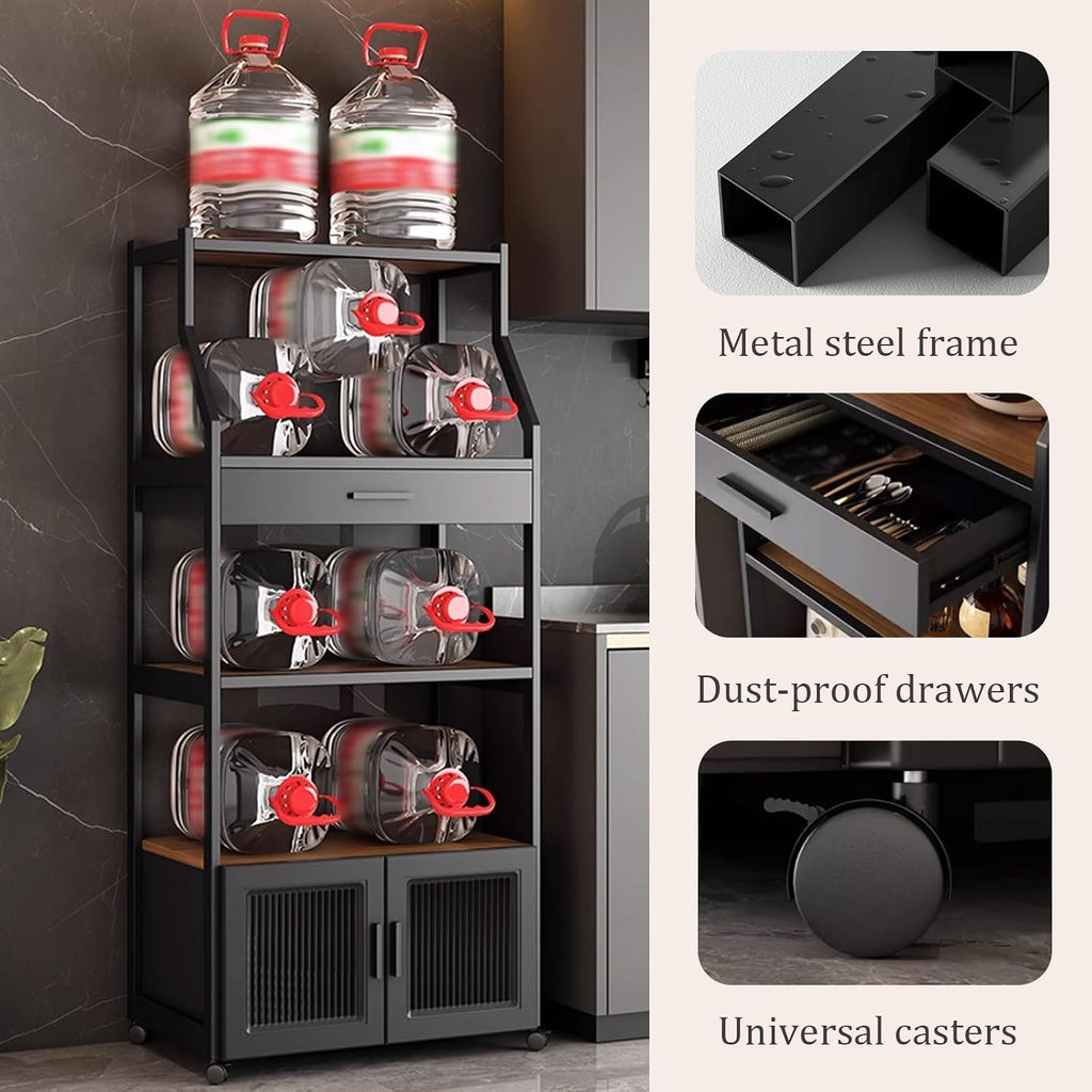 Kitchen Storage Shelves with Drawers and Storage Cabinets, Kitchen Bakers Rack with Universal Wheels, Heavy Duty Microwave Stand for Living Room, Office, Study
