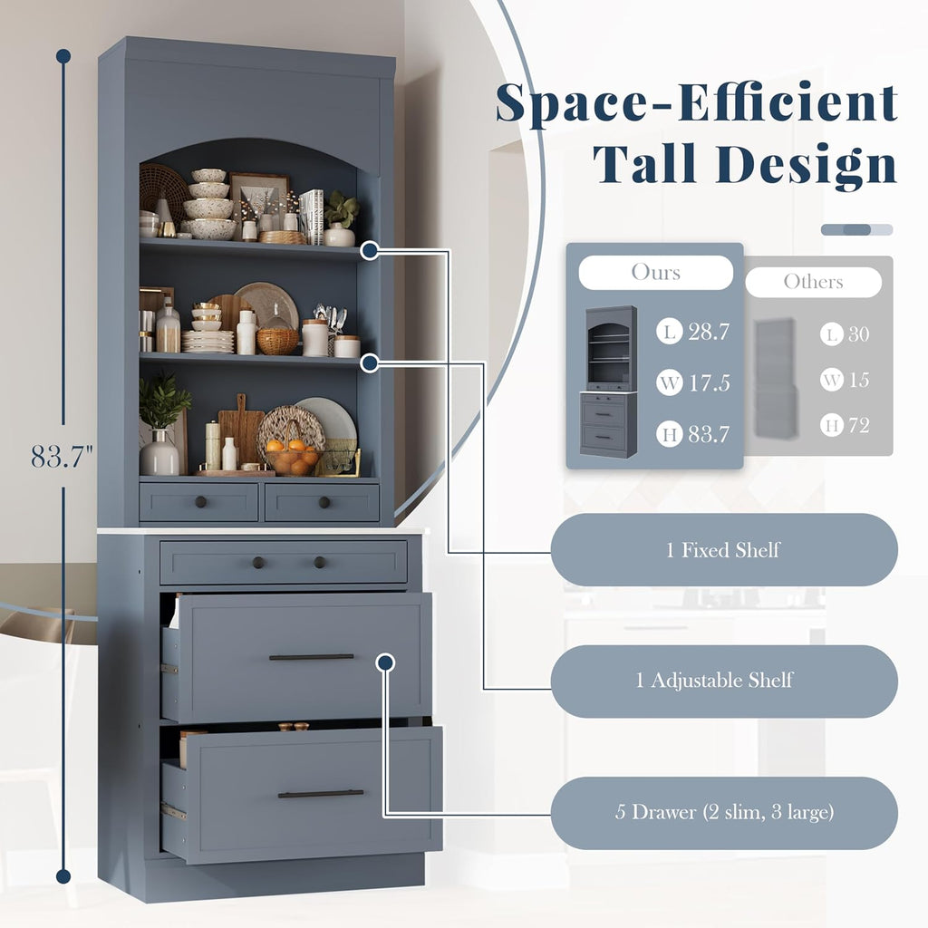 84' Modern Design Freestanding Storage Cabinet, Kitchen Storage Bakers Rack with Sturdy P2 MDF Frame, Utility Food Cupboard with 5 Storage Drawers for Kitchen/Dining Room/Living Space, Gray