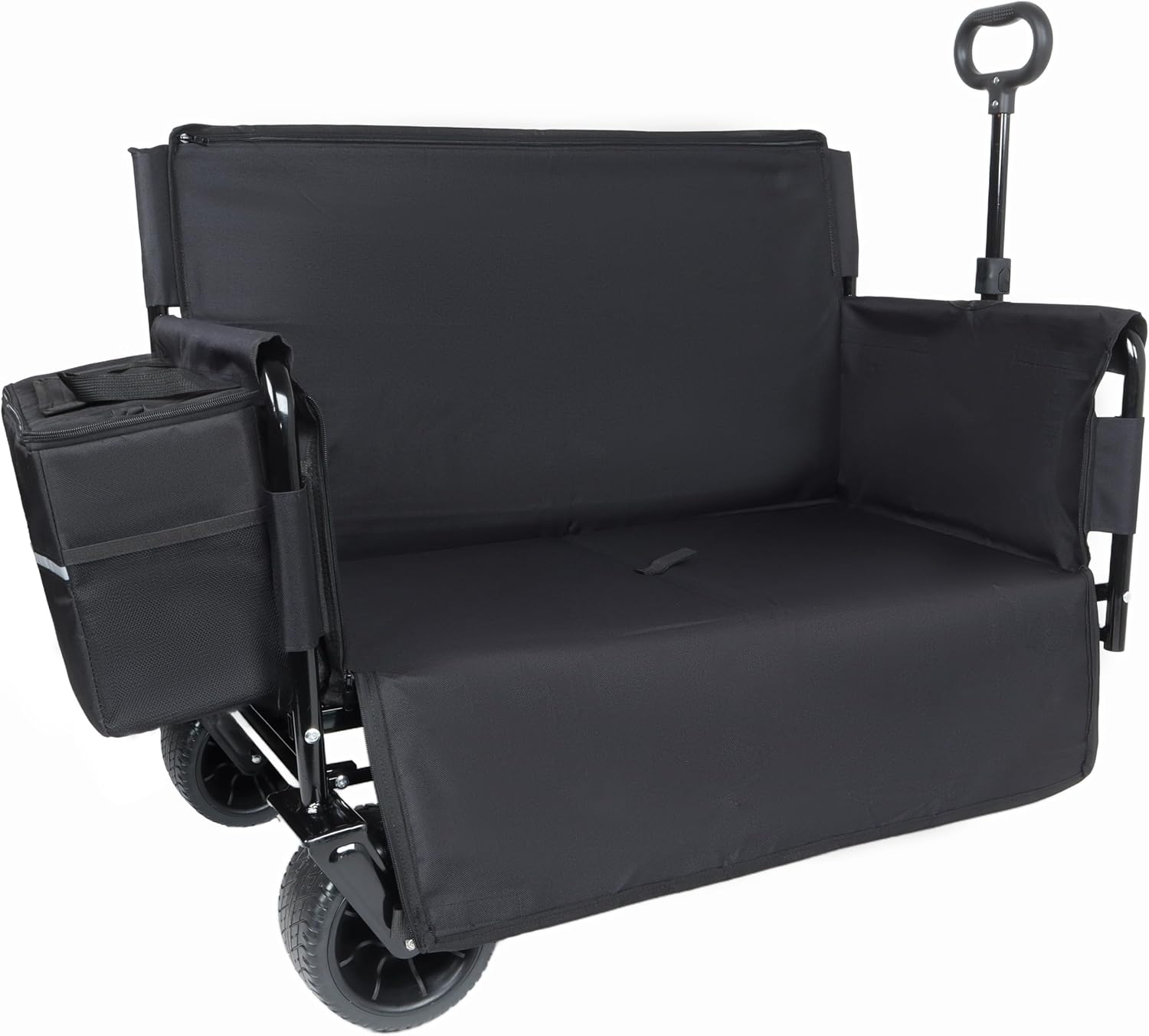 Black Collapsible Wagon with Bench Seat, Handle & All-Terrain Wheels, Steel Frame, Folding Camping Cart for Beach, Sports, Lawn, 37x24.02x40.94 in