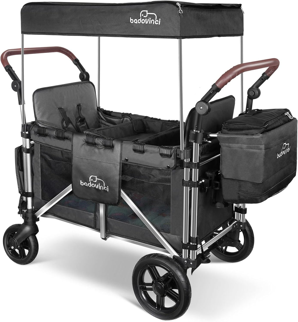 Stroller Wagon for 2 Kids, Wagon Cart Featuring 2 High Seat with 5-Point Harnesses and Adjustable Canopy, Foldable Push-Pull Rod for Garden, Camping, Grocery Cart