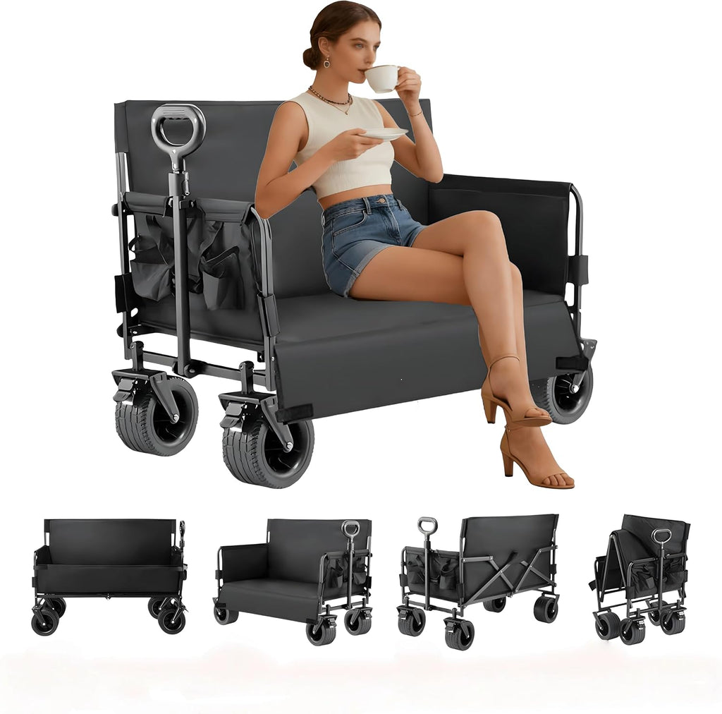 Sofa Wagon Foldable Cart Convert to Bench, Collapsible Heavy Duty Cart with Wheels, All Terrain Camping, Utility Grocery Wagon for Beach, Shopping, Garden, Sports and Fishing (Black)