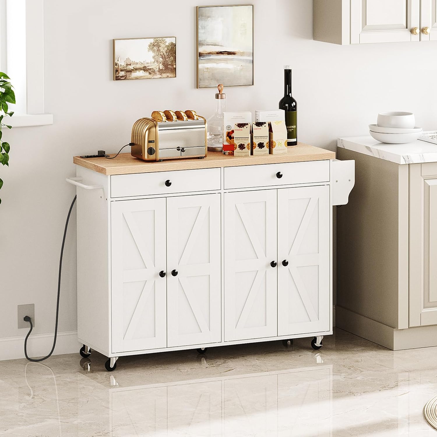 HOOBRO Kitchen Island with Power Outlet, Rolling Kitchen Island with Storage, Kitchen Island Cart with Spice Rack and Hooks, for Dining, Living Room, White and Natural WN11UZD01