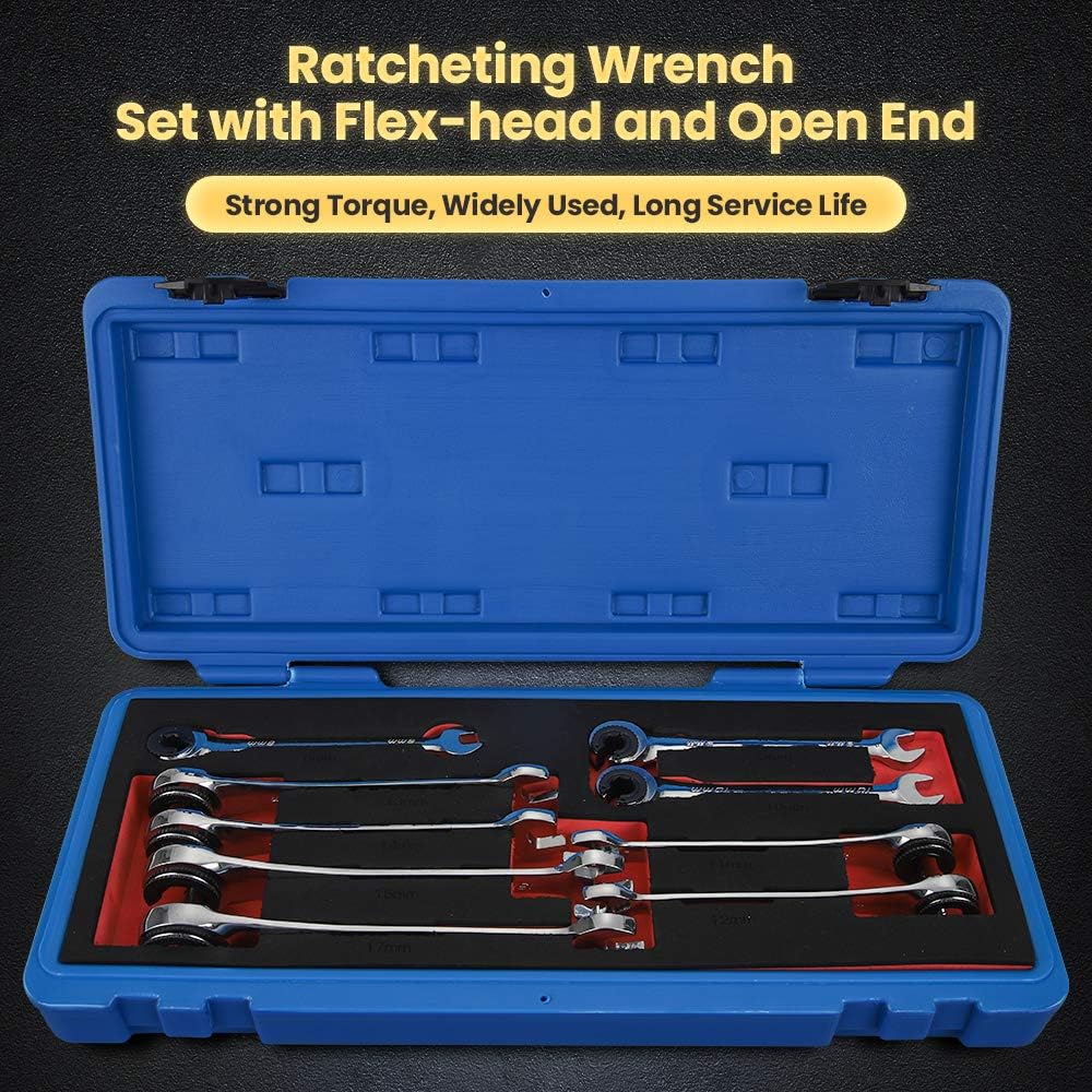 Anbull Tubing Ratchet Wrench Set Metric 9pcs（8-17mm）, Combination Ratcheting Wrench Set with Open-end Fixed Head, 72 Gears CR-V Chrome Vanadium Steel Constructed