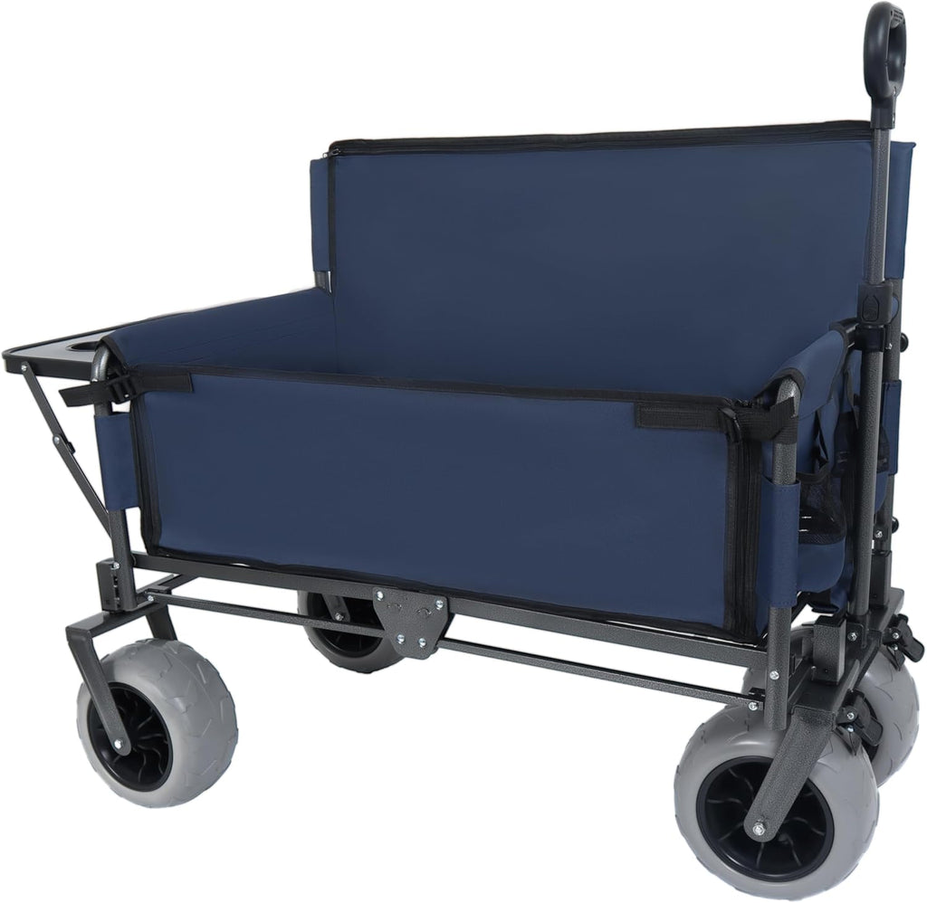 3-in-1 Heavy-Duty Folding Wagon with Bench Seat & Rear Folding Tabletop – 500lbs Capacity, All-Terrain 9' Beach Tires for Camping, Picnics, and Outdoor Events (Dark Blue)