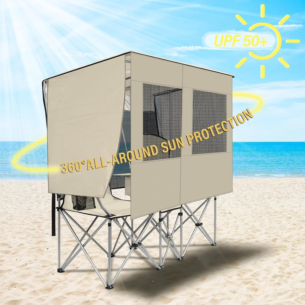 BESTHLS Double Camping Chair with Canopy Shade - Heavy Duty 600D Outdoor Loveseat for Adults, 2-Person Beach Chair with Umbrella, Folding Camp Loveseat for Fishing, Sports, Patio (White)
