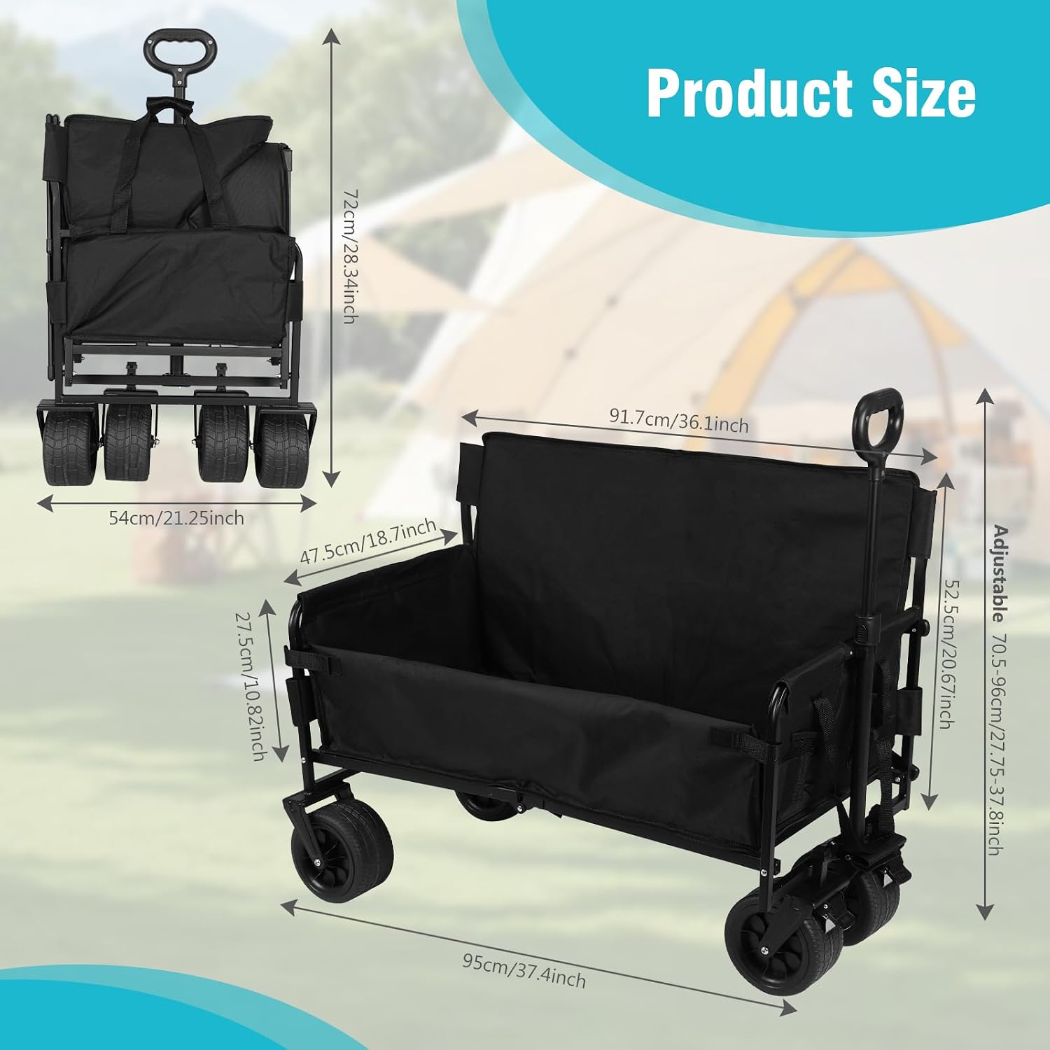 Large Capacity Collapsible Wagon Cart with Wheels Heavy Duty Collapsible Utility Wagon for Groceries Garden Sport (Black)