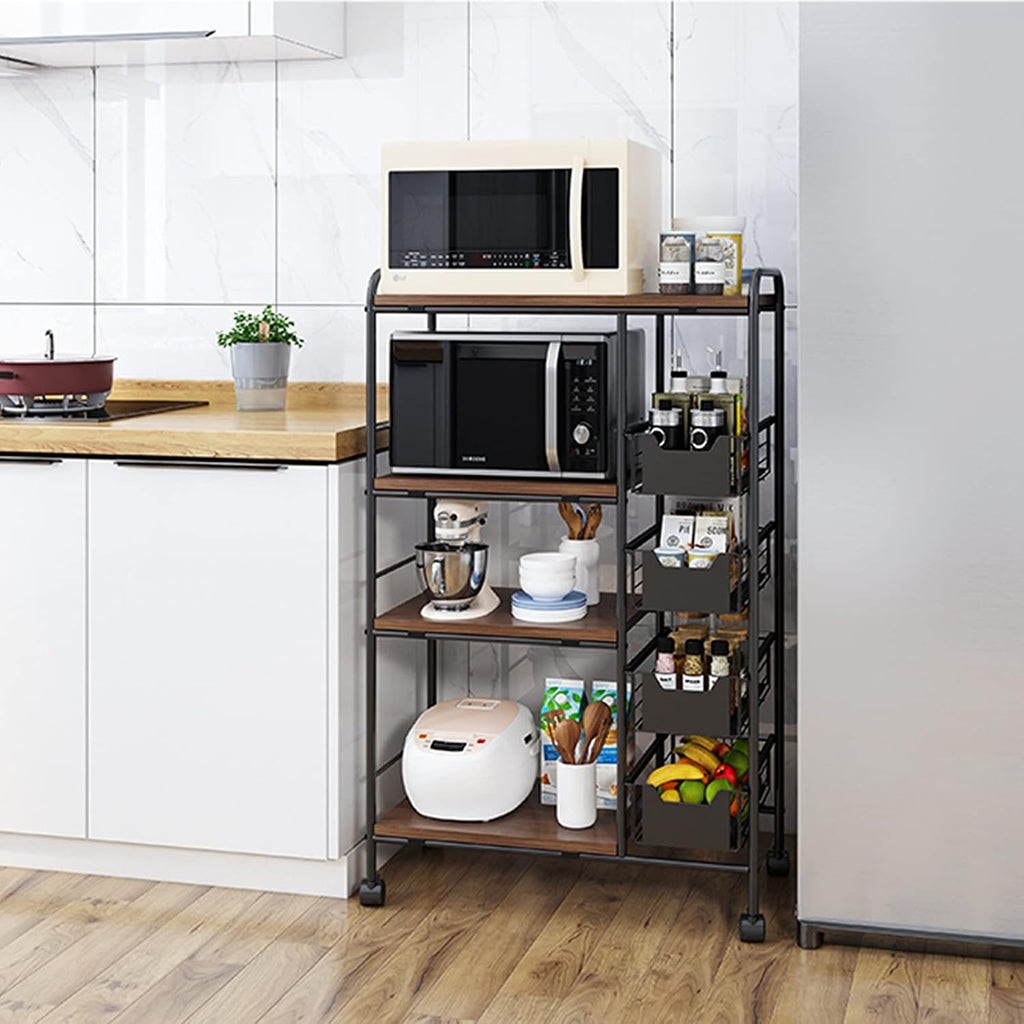 Gdrasuya10 Kitchen Baker Rack, 4-Tier Free Standing Walnut Mobile Shelving Unit Organizer Trolley Cart with 4 Push-Pull Drawers Weight Capacity 100 lbs