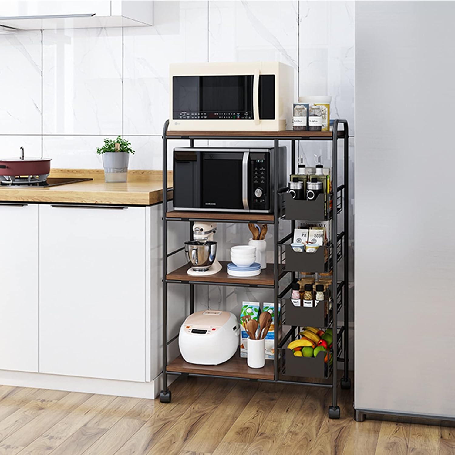 5-Tier Kitchen Bakers Rack Storage Shelf Hutch Holder on Wheels, Industrial Microwave Oven Stand, Standing Kitchen Utility Cart Storage Rack Organizer Rack Pantry with Storage Drawer Rustic