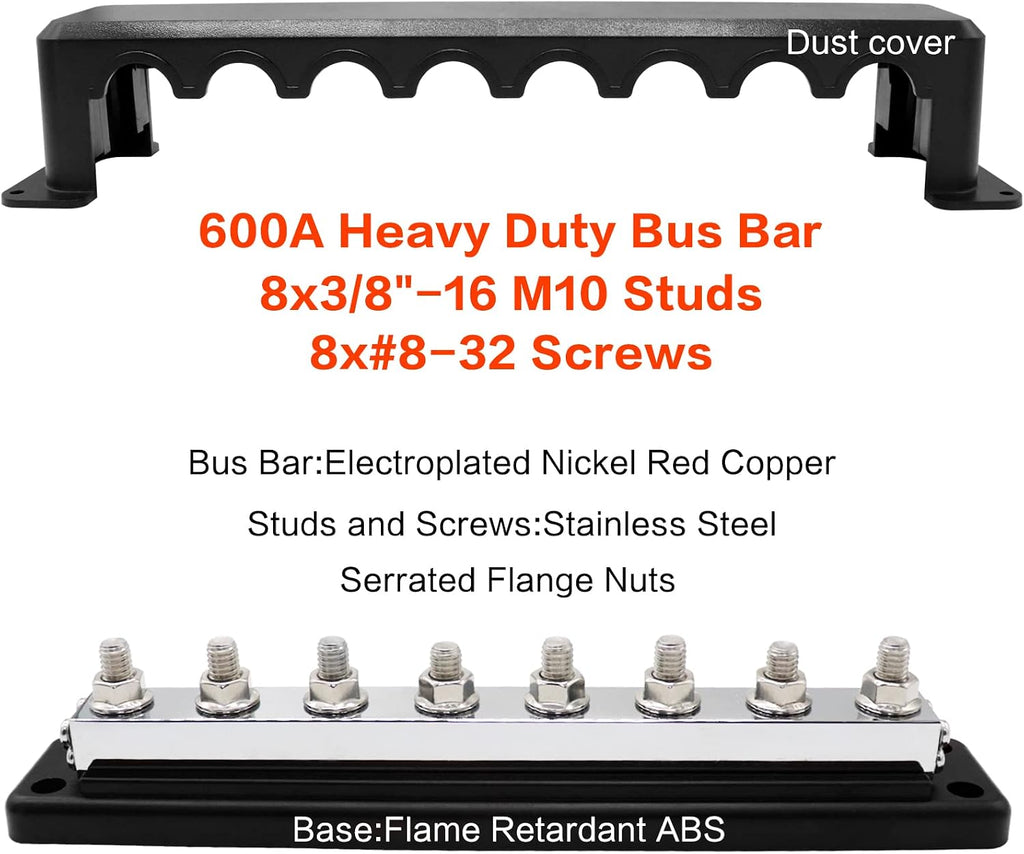 2 Pcs 600 A High Current Copper Bus Bar 300V AC / 48V DC 8 Way 3/8 inch (M10) Studs 8#8-32 Screws Electrical Terminal Ground Distribution Block Battery Buss Bars with Cover (Red & Black)