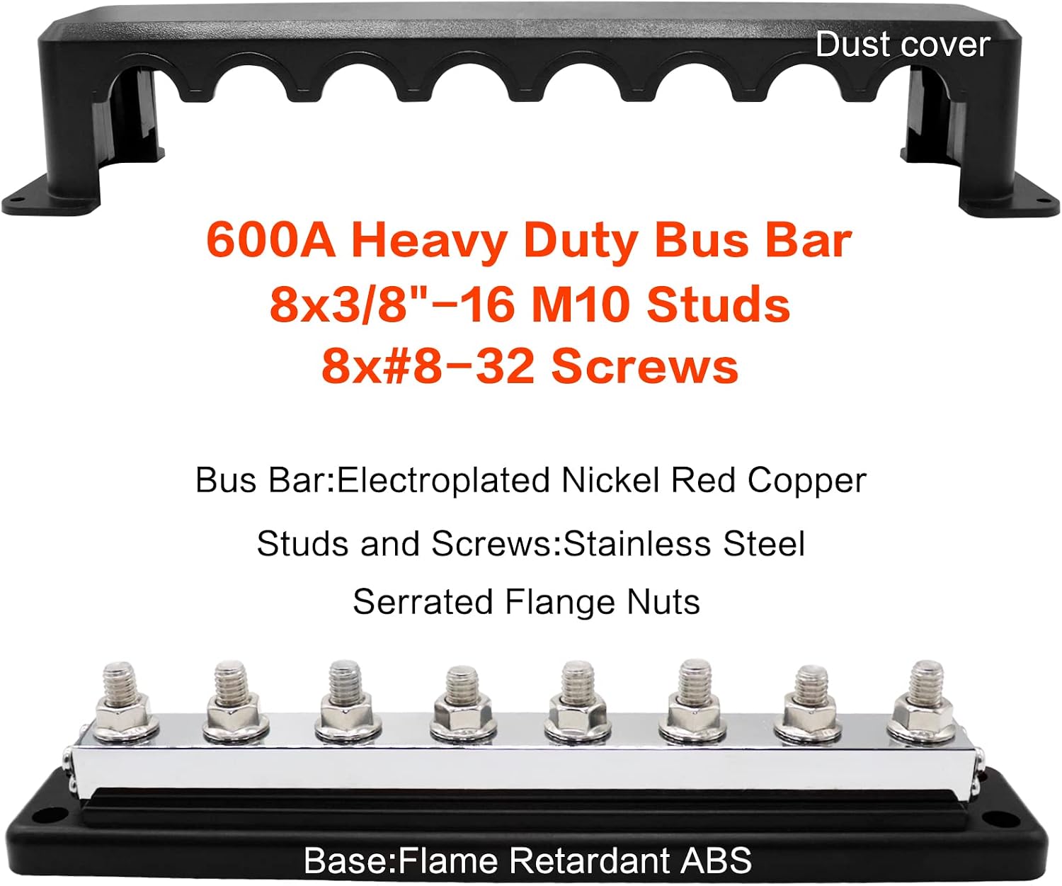 2 Pcs 600 A High Current Copper Bus Bar 300V AC / 48V DC 8 Way 3/8 inch (M10) Studs 8#8-32 Screws Electrical Terminal Ground Distribution Block Battery Buss Bars with Cover (Red & Black)