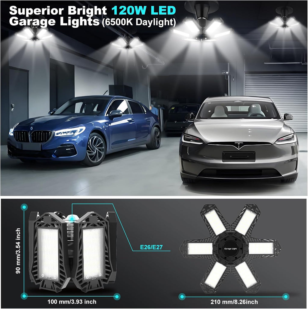 Led Garage Lights Bulb 10 Pack 120W Super Bright Ceiling Led Shop Lights 6 Deformable Panels Screw in E26/E27 6500K 12000 LM Deformable Garage Light Ideal for Basement Attic and Workshop
