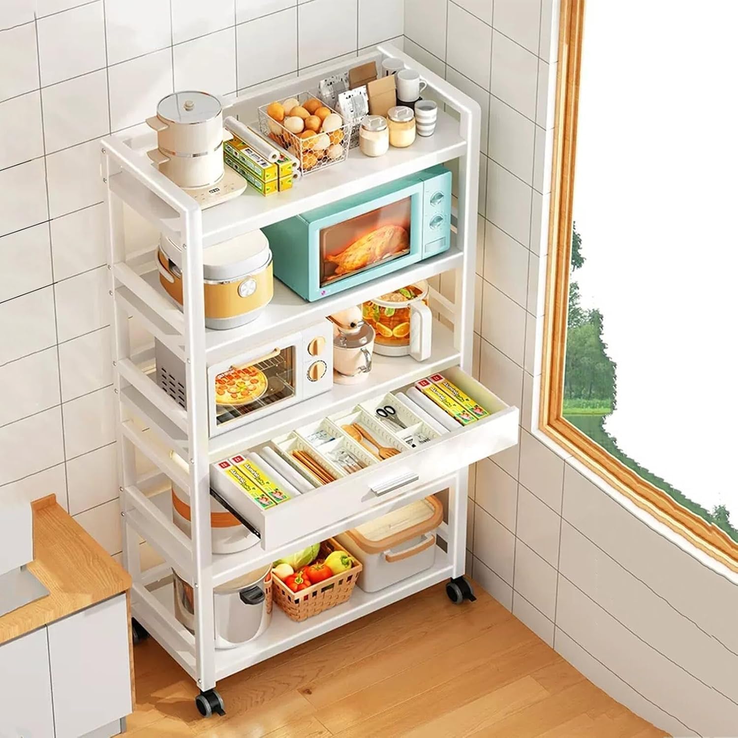 Microwave Stand with Drawer, Metal Baker's Rack for Kitchen Storage, Standing Shelf with Casters, Versatile Oven Rack for Home, Living Room & Hallway (Black)(Black,50x39x103cm)