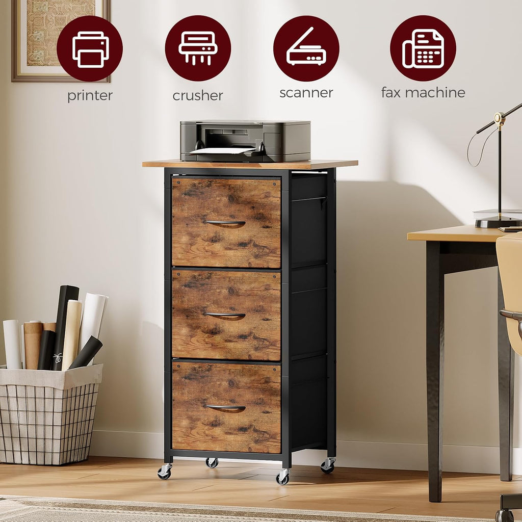 MAHANCRIS Mobile Printer Stand and File Cabinet Bundle, 3-Tier Industrial Printer Cart with Power Outlets and 2 USB Ports, Wheeled Vertical File Cabinet, PTHR78E01-FCHR5901