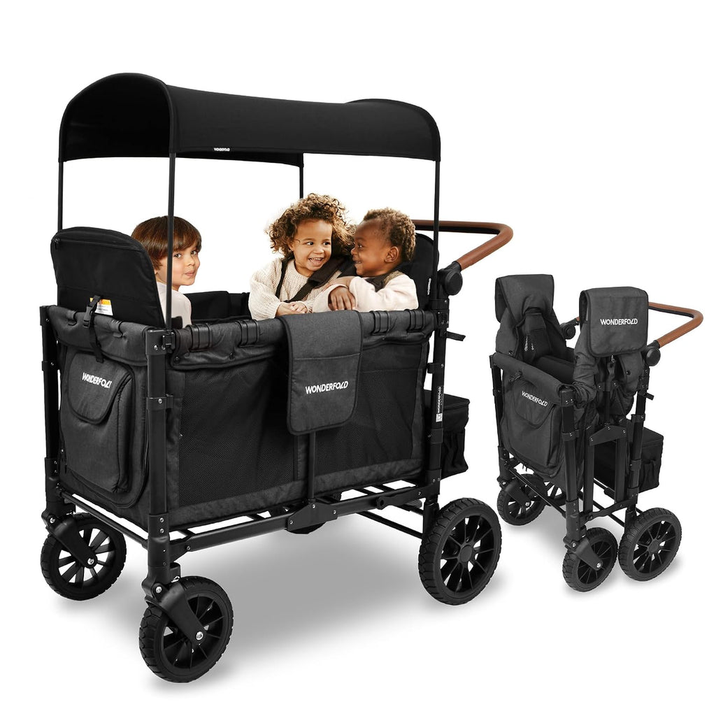 WonderFold W4 Luxe Stroller Wagon - Collapsible Stroller Wagon with Steel Frame - Adjustable Canopy & Push Handle - XL All-Terrain Wheels - for Babies, Toddlers & Kids - 4 Seater - Black