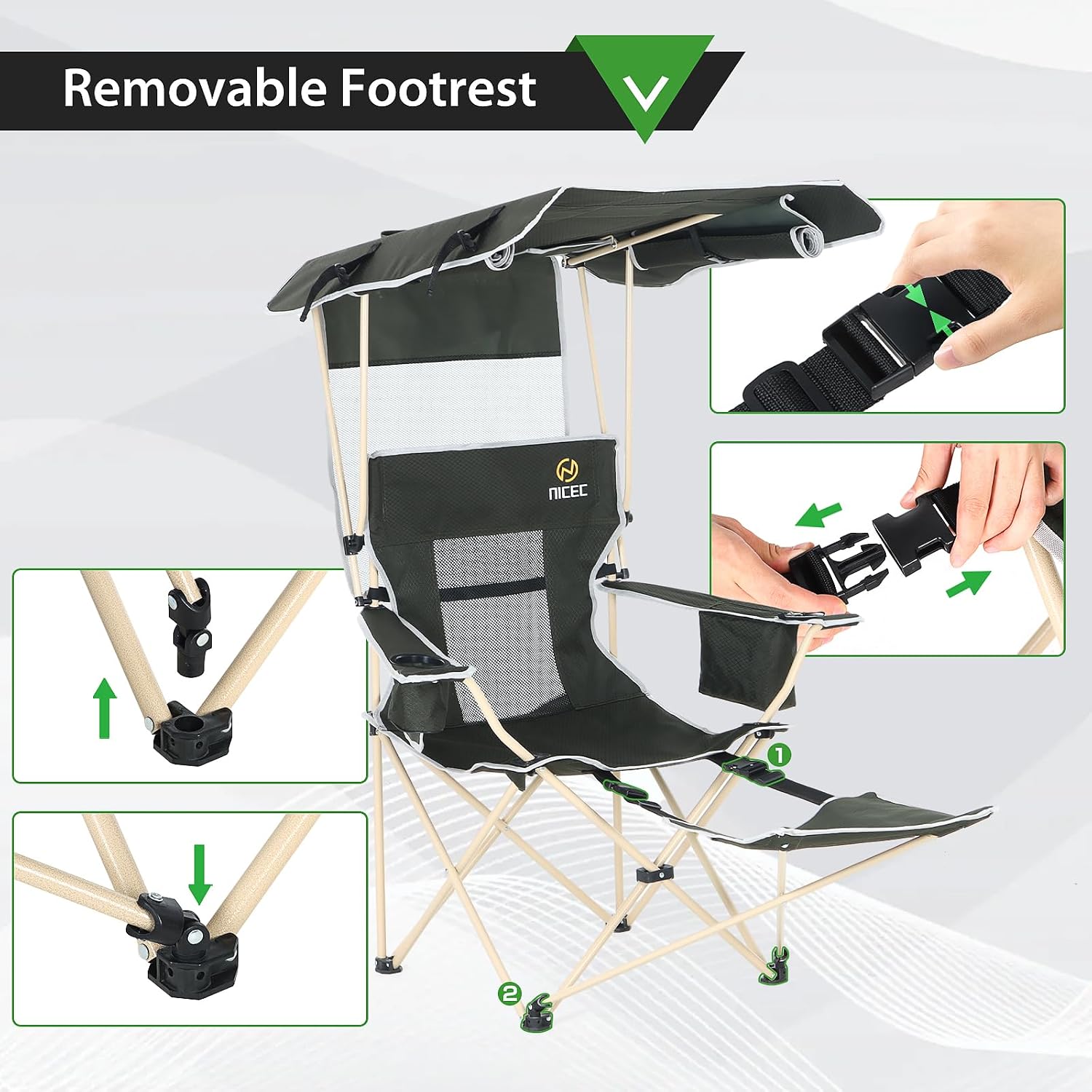 Nice C Chair with Canopy, Umbrella Chairs for Adults, Sports Chair with Shades, with Removable Footrest, Cooler Bag, Cup Holder for Camping, Fishing, Sports, Beach (2Pack Green)