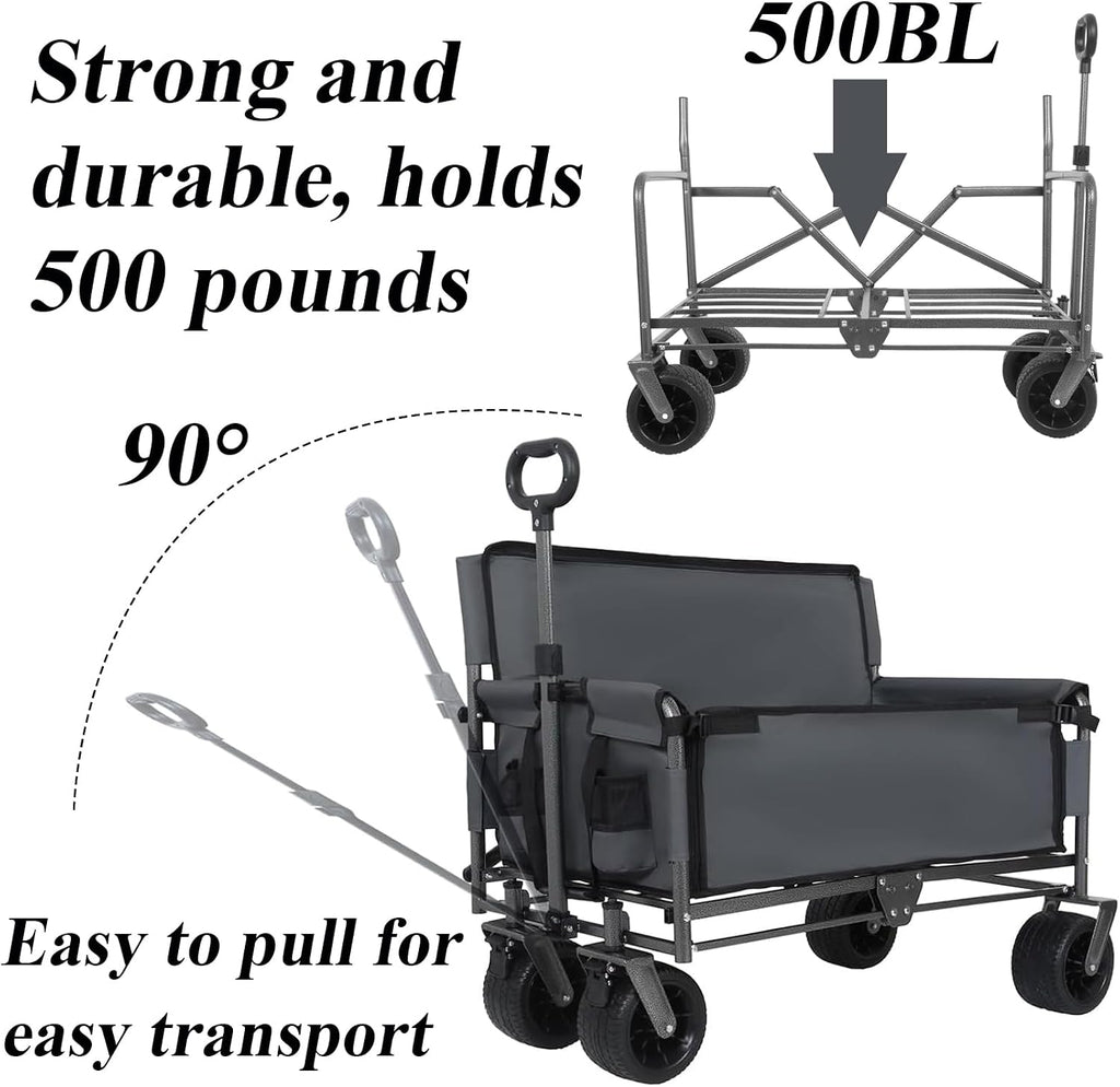 Convertible Folding Wagon Cart, 500lbs Heavy-Duty Utility Wagon with Bench Seat & Storage, 180L Capacity, All-Terrain Wheels for Camping, Beach, Sports, Garden