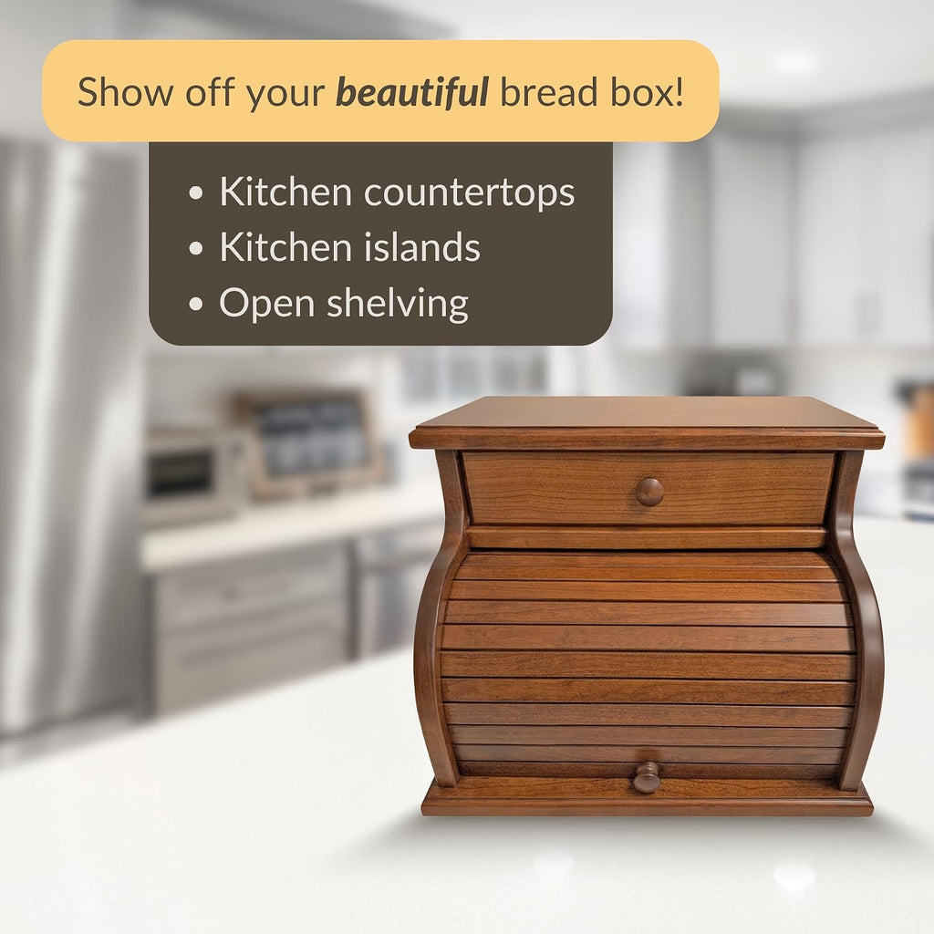 DutchCrafters Amish USA Made Solid Wood Countertop Bread Box with Drawer, Bread Holder for Kitchen Counter, Large Bread Box for Kitchen Countertop (Cherry - Michael's Cherry)