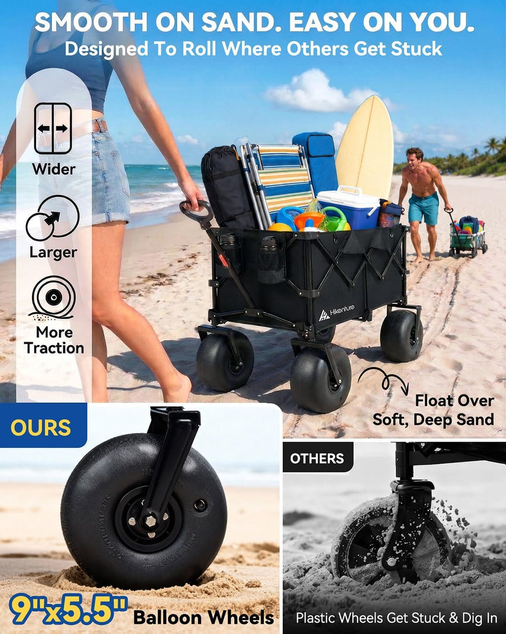 Hikenture Beach Wagon with Balloon Wheels, 9' PU Tires Collapsible Wagon, 440lbs Heavy Duty Beach Cart with Big Wheels for Sand, Large Capacity Utility Wagons Carts