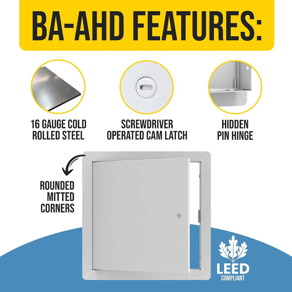 Best BA-AHD 8' x 8' Metal Access Panel with Concealed Pin Hinge, LEED Compliant 16-Gauge Steel Access Door for Non-Rated Drywall/Ceilings, White Drywall Panel with Rounded Corners, Screwdriver Latch