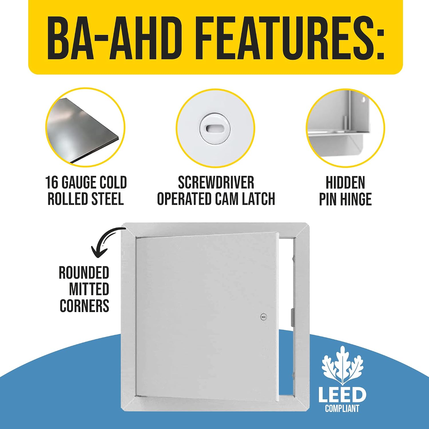 BEST BA-AHD 22' x 30' Metal Access Panel with Concealed Pin Hinge, LEED Compliant 16-Gauge Steel Access Door for Non-Rated Drywall/Ceilings, White Drywall Panel with Rounded Corners, Screwdriver Latch