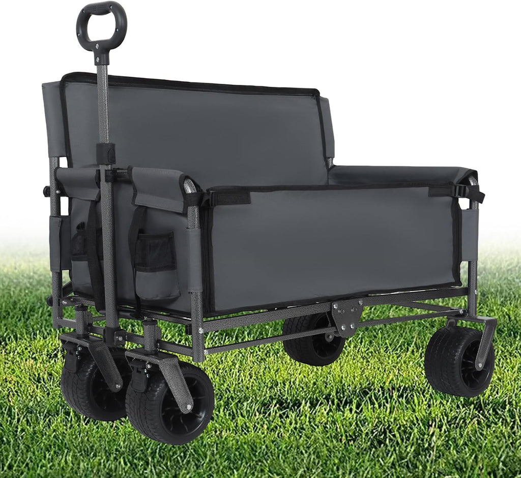 3-in-1 Convertible Folding Wagon Cart with Bench Seat & Storage, Wagon Bench, 550lbs/220L Heavy-Duty Utility Wagon, 180L Capacity All-Terrain Wheels (Grey)
