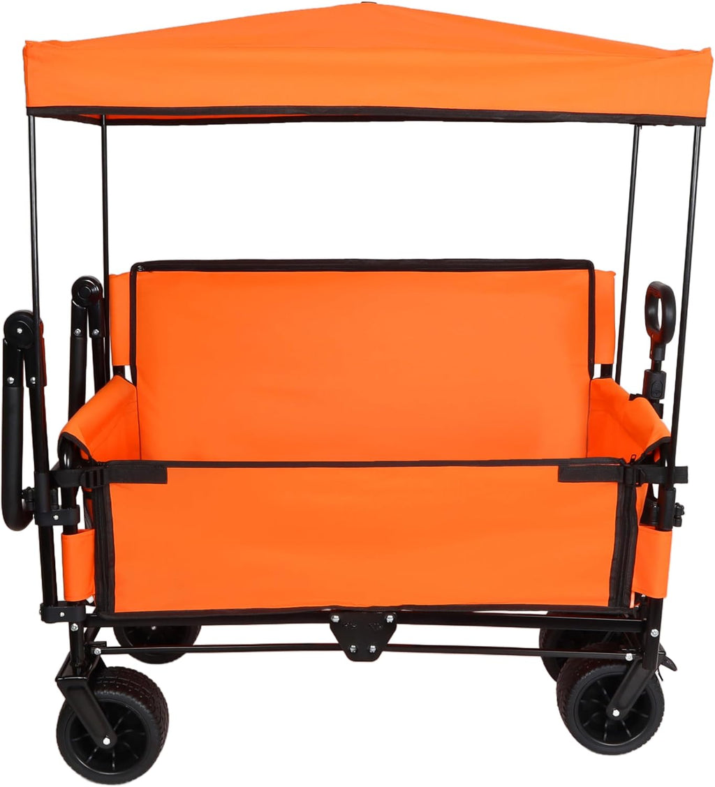 3 in 1 Folding Wagon Cart with Bench Seat Canopy Storage, 500lbs Heavy Duty, 180L Capacity, All Terrain Wagon for Camping, Beach, Sports, Garden, Orange