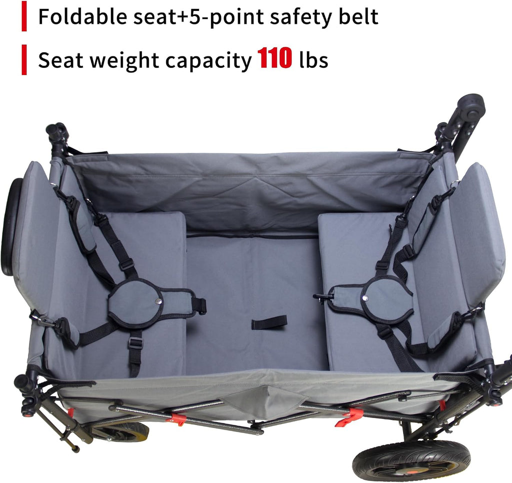 TMZ Collapsible Wagon with 2 Foldable Seats, Folding Cart with Removable Canopy, Heavy Duty Wagon 265LBS Load Capacity for Camping Garden Shopping (Grey)