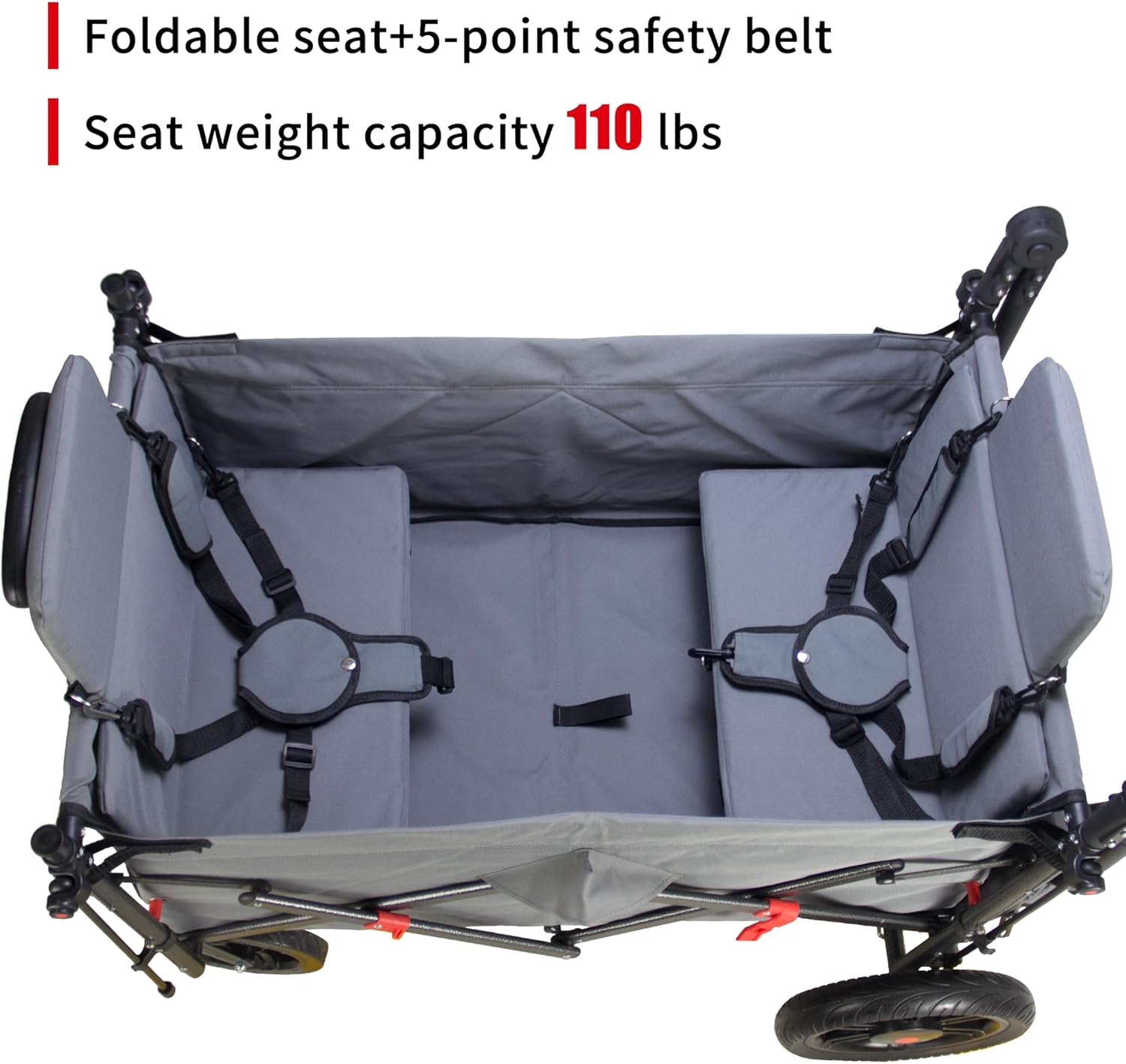 Collapsible Foldable Wagon Cart with All Terrain Wheels &Canopy& 2 Seats- Heavy Duty Utility Wagon 265 lbs Capacity for Camping, Garden, Shopping (Grey)