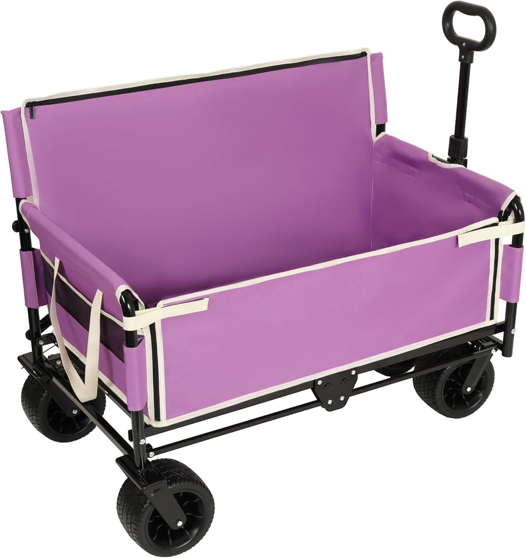 3-in-1 Heavy-Duty Folding Wagon Cart with 500lbs Capacity, Bench Seat & 180L All-Terrain Storage – Collapsible Utility Cart for Camping, Beach, Sports & Garden (Purple)