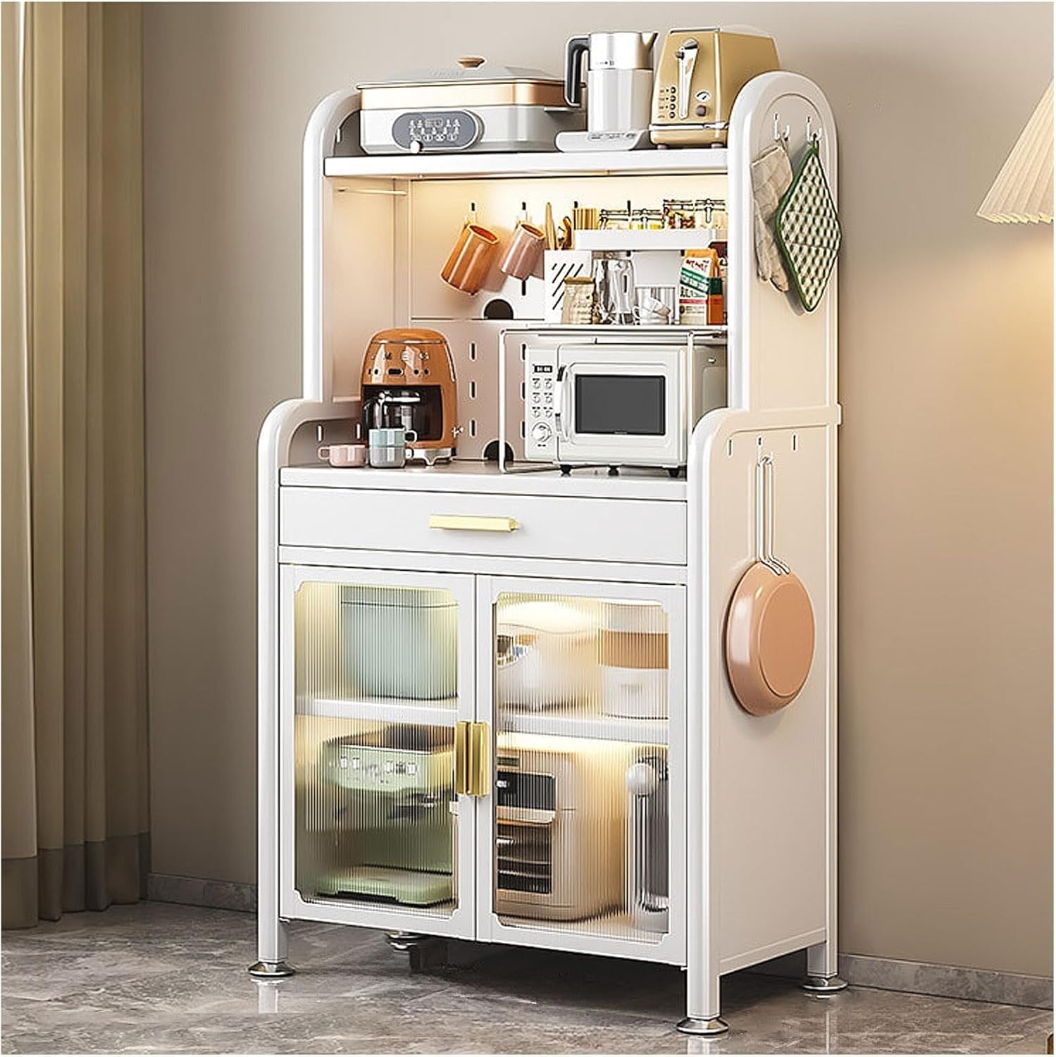White 5 Tier Baker'S Racks For Kitchens With Drawer And Microwave Stand Adjustable Shelf Kitchen Storage Cabinet Microwave Oven Shelf Cabinet For Kitchen Hutch 179×80Cm,White,147.5x60cm/58x23.6in