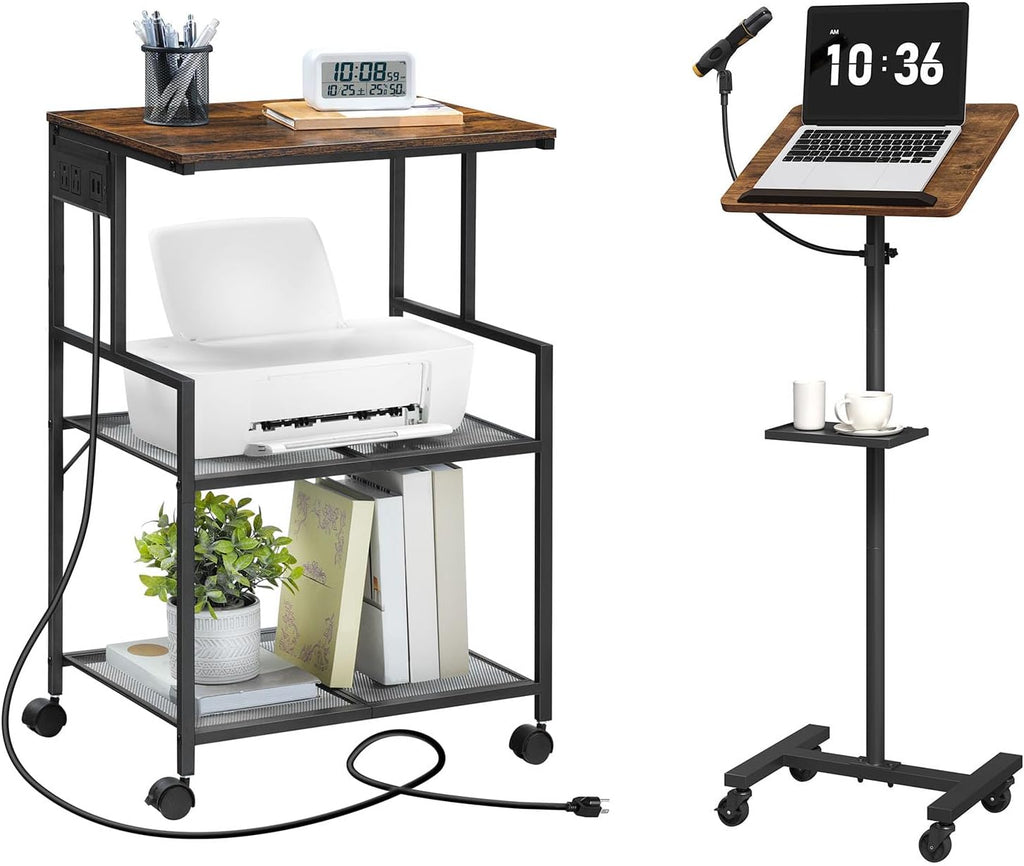 MAHANCRIS Mobile Printer Stand and Podium Stand Bundle, 3-Tier Industrial Printer Cart with Power Outlets and 2 USB Ports, Adjustable Height Mobile Lectern and Laptop Desk PTHR78E01-LPHR4001