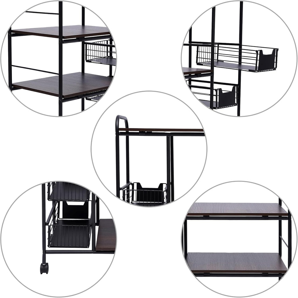 5-Tier Kitchen Bakers Rack with Storage, Kitchen Storage Cart with Wheels, Industrial Microwave Stand, Freestanding Kitchen Stand Storage Shelf, Mobile Storage Rack with Four Sliding Drawers