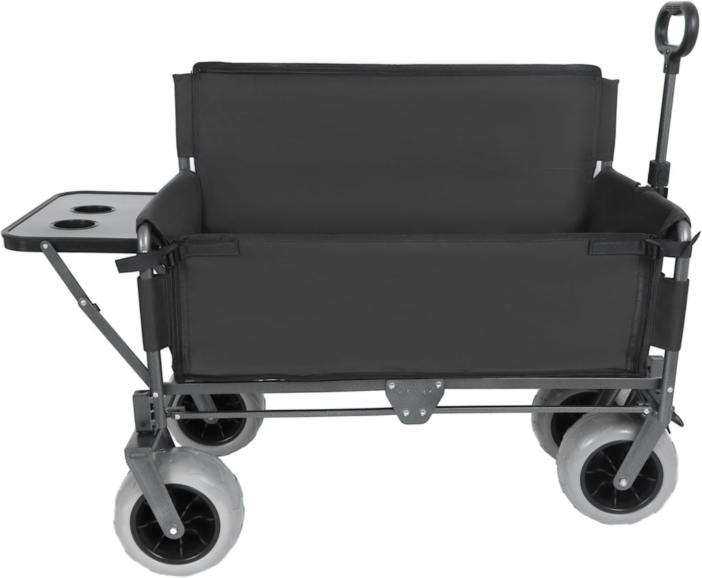 3-in-1 Heavy-Duty Folding Wagon with Bench Seat & Rear-Mounted Folding Tabletop – 500lbs Capacity, All-Terrain Beach Tires for Camping, Picnics, Outdoor Events (Black)