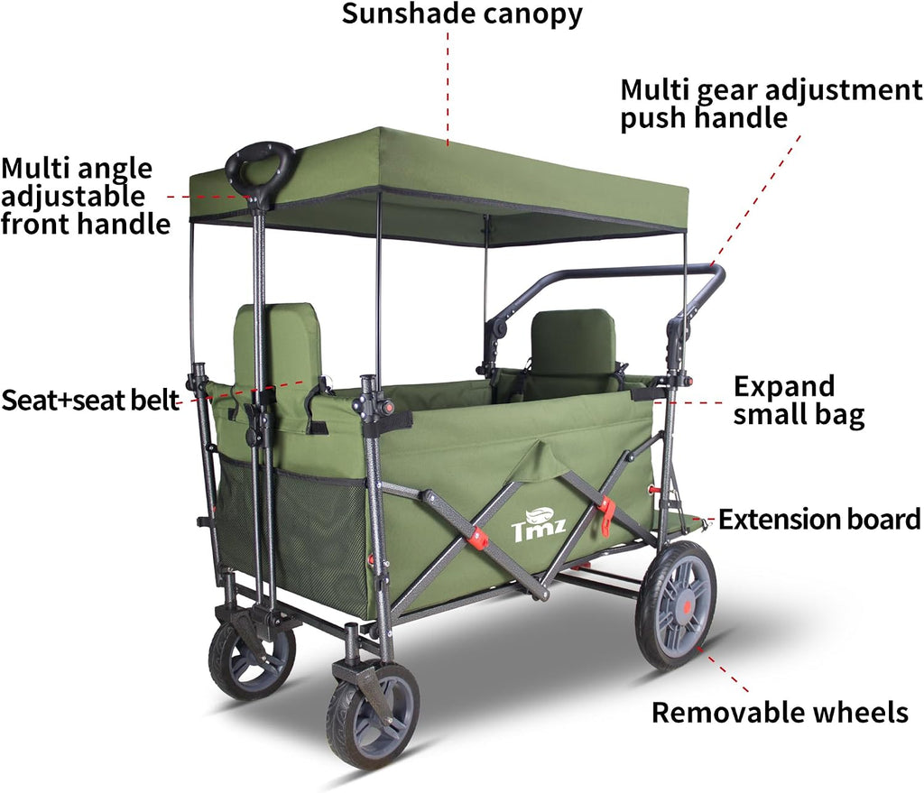 TMZ Collapsible Wagon with 2 Foldable Seats, Folding Cart with Removable Canopy, Heavy Duty Wagon 265LBS Load Capacity for Camping Garden Shopping (Green)