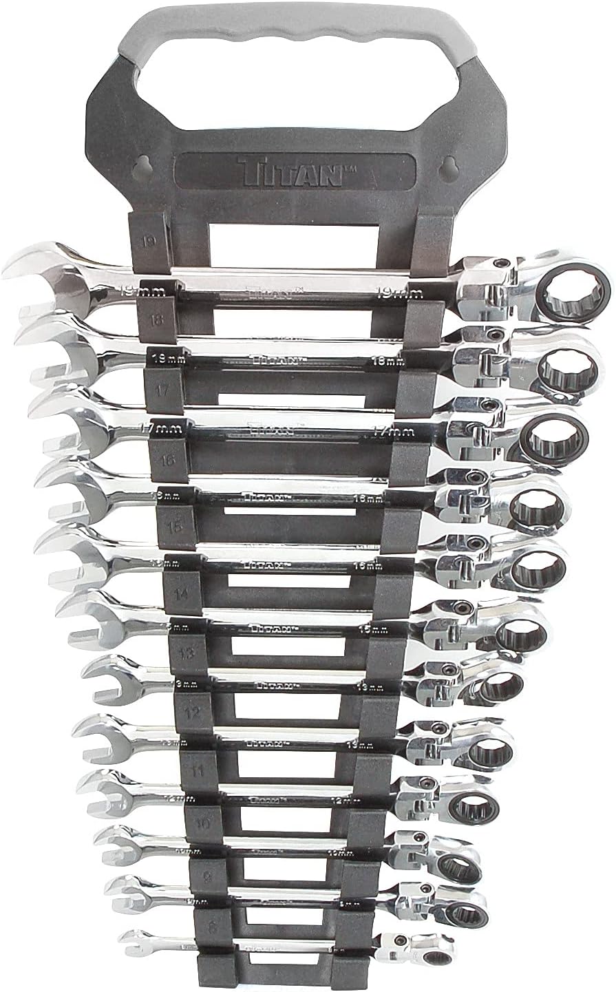 Titan 17367 12-Piece 12 Point 72 Tooth Metric Flex Head Ratcheting Combination Wrench Set