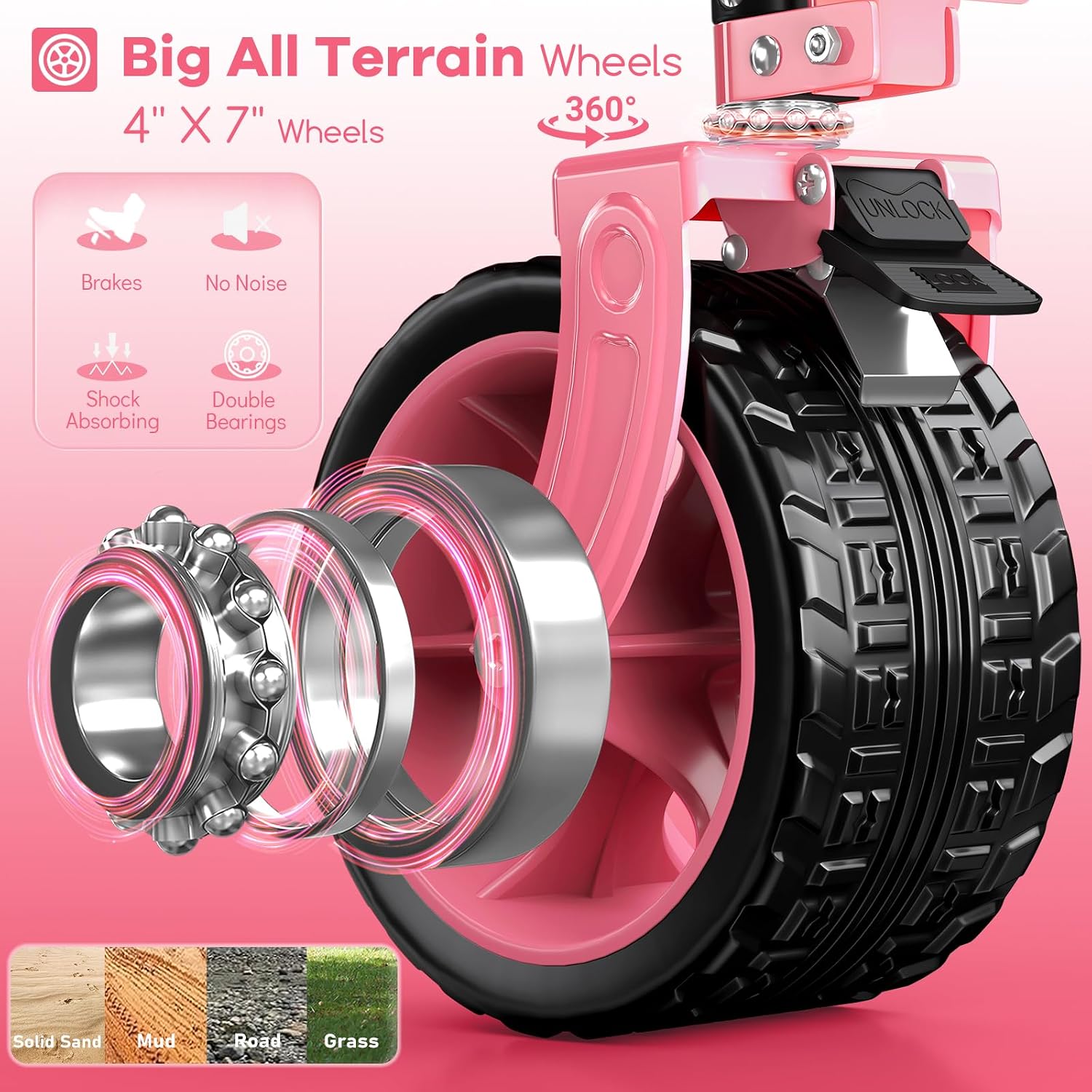 Originsure 220L Collapsible Wagon Cart Foldable, 460lbs Load Capacity Heavy Duty Folding Beach Wagons with Big All-Terrain Wheels, Utility Carts for Groceries, Camping, Sports - Pink