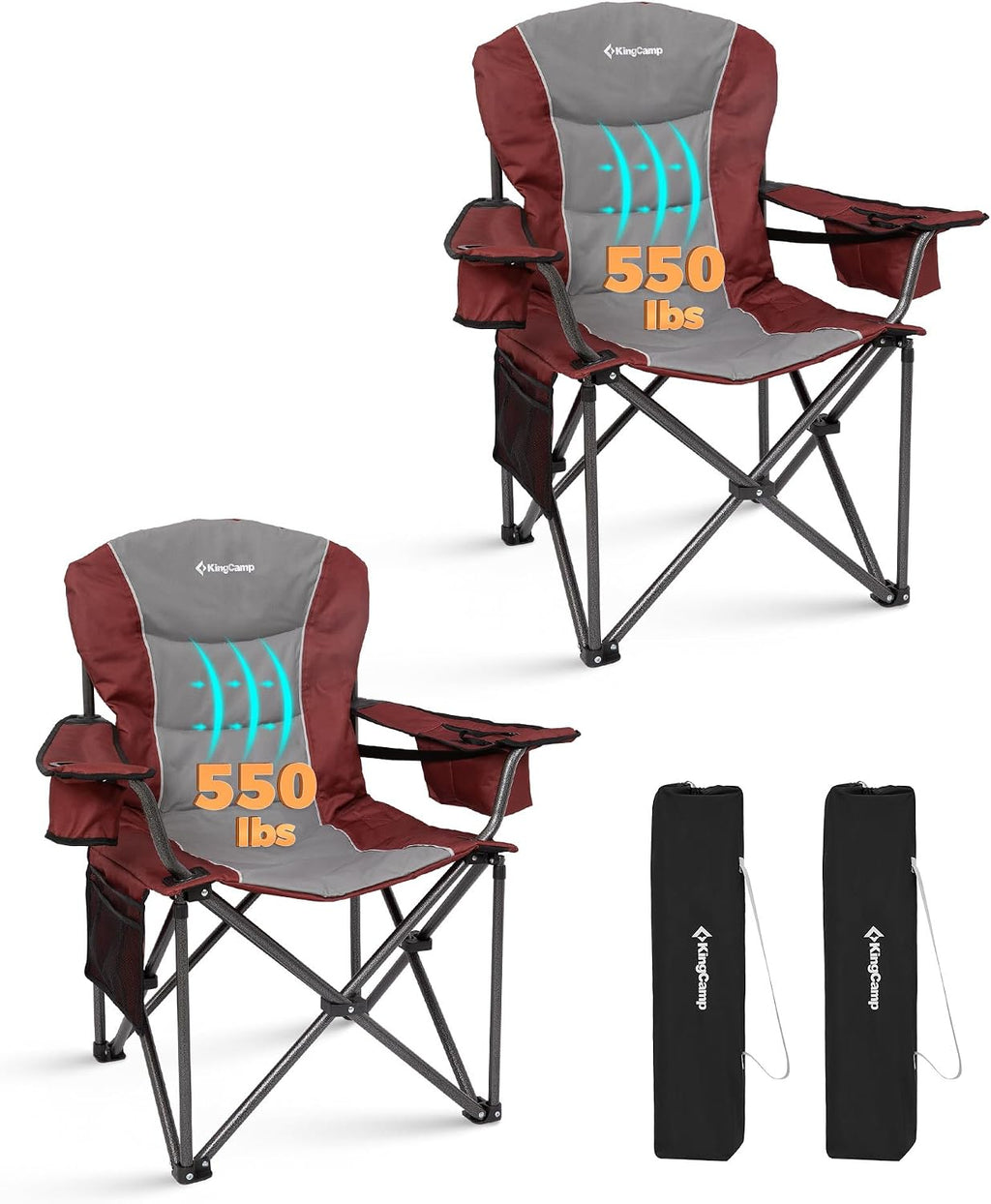 KingCamp Oversized Camping Chair with Adjustable Lumbar Support, 550lbs Heavy Duty Padded Folding Lawn Chair for Adults, Outdoor Armchair with Cooler Bag, Cup Holder & Side Pocket for Fishing, Travel