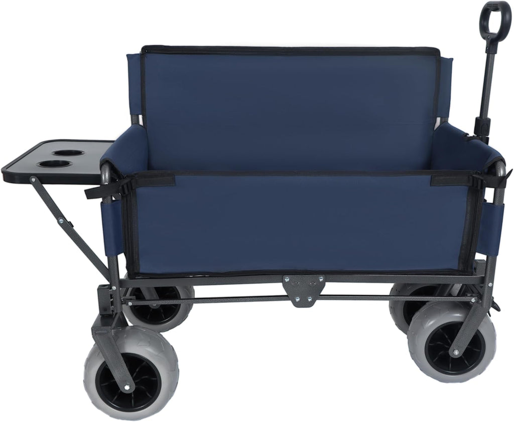 Dark Blue Collapsible Wagon, Bench Seat & Rear-Mounted Folding Tabletop, Cup Holder, 9'x4' Beach Tires & Steel Frame, Folding Camping Cart for Yard, Lawn, Camping, 48.43x24.8x43.7 in