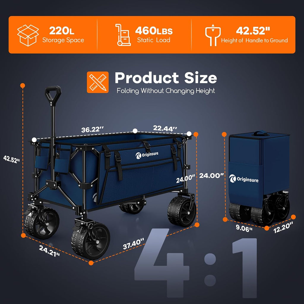 Originsure 220L Collapsible Wagon Cart Foldable, 460lbs Load Capacity Heavy Duty Folding Beach Wagons with Big All-Terrain Wheels, Utility Carts for Groceries, Shopping, Camping, Sports - Blue