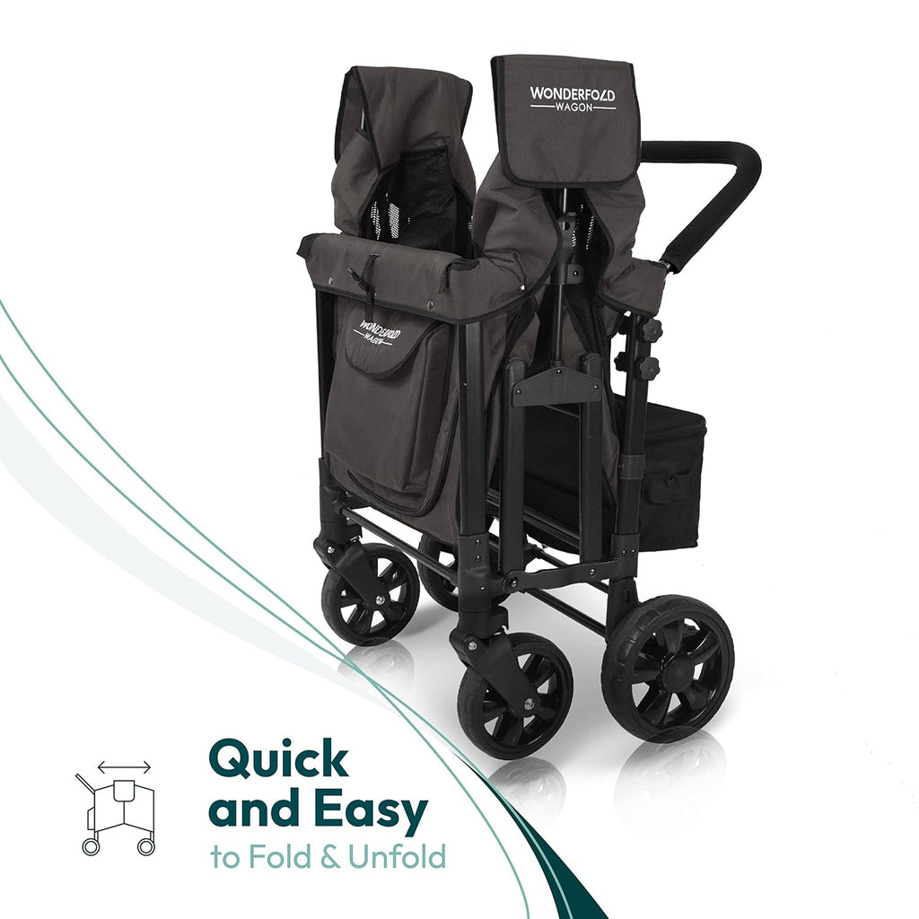 WonderFold W4 Original Stroller Wagon - Foldable Wagon with 5 Point Harness - Adjustable Canopy & Deep Carriage - All-Terrain Wheels - for Babies, Toddlers & Kids - 4 Seater - Black